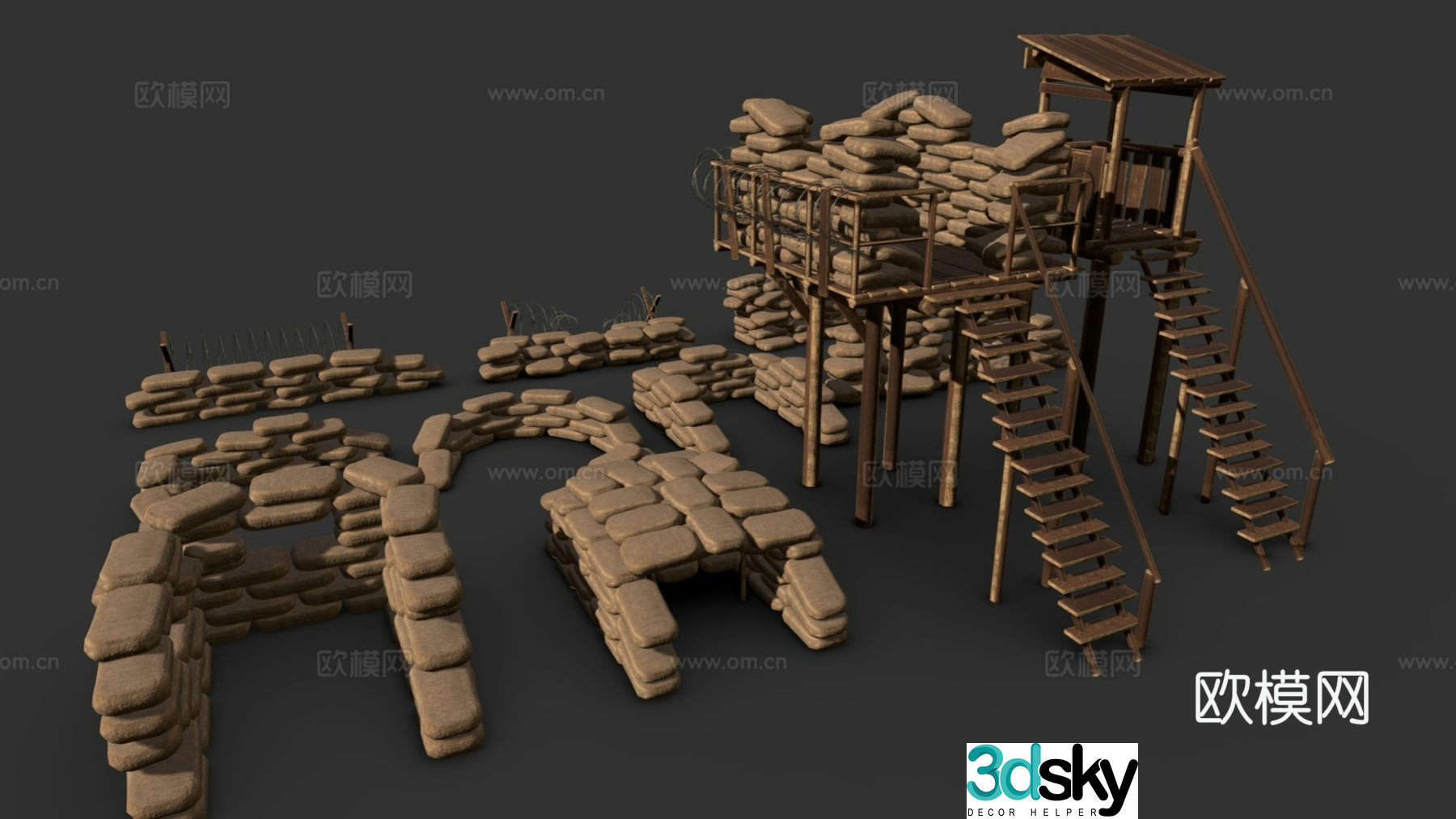 modern treehouse trench watchtower sandbag 3d model