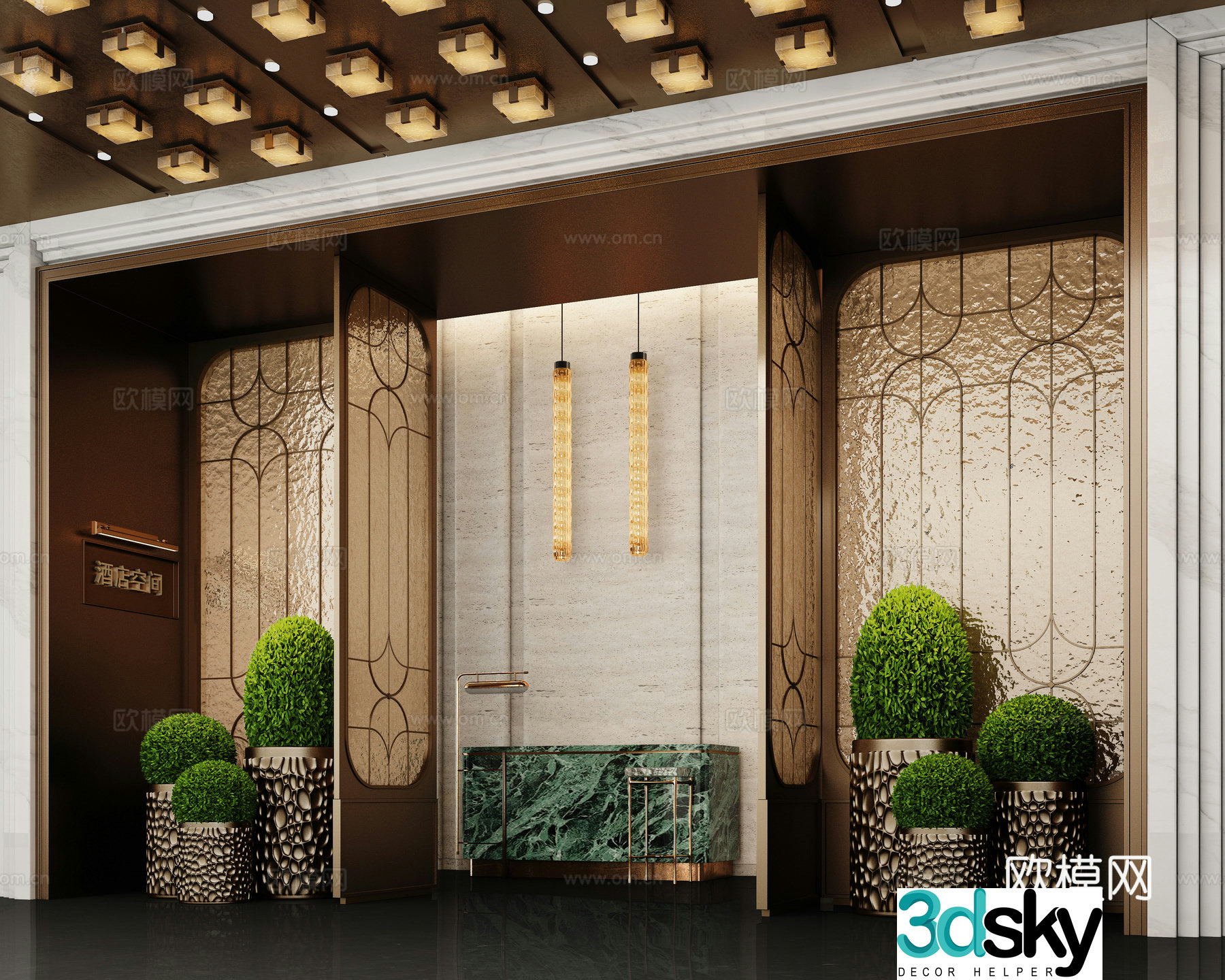 3D model of light luxury hotel lobby end view platform