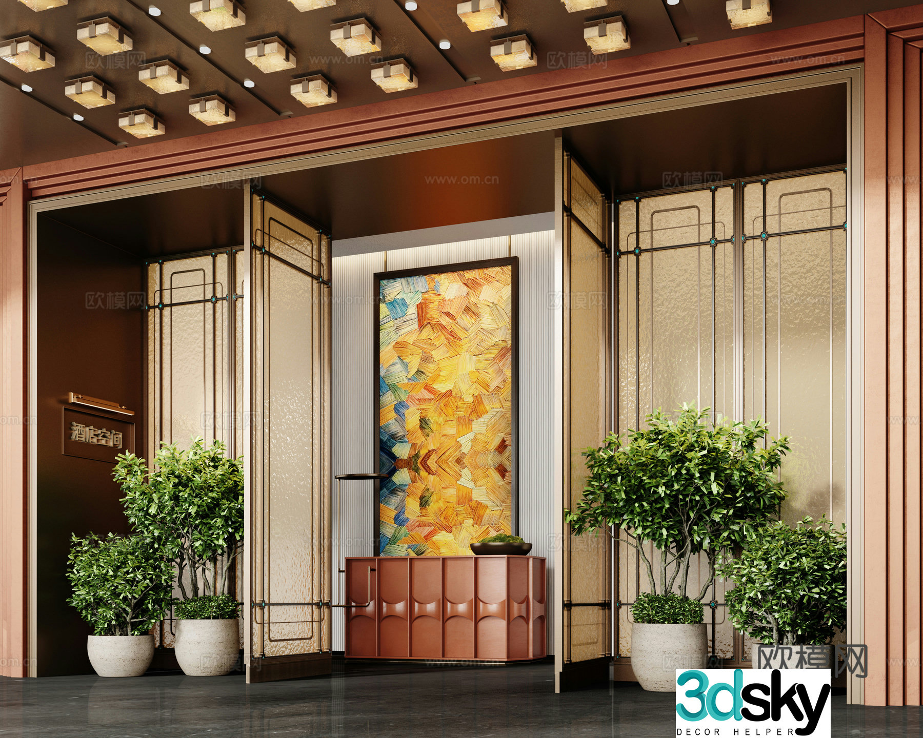 New Chinese-style hotel lobby end view 3D model