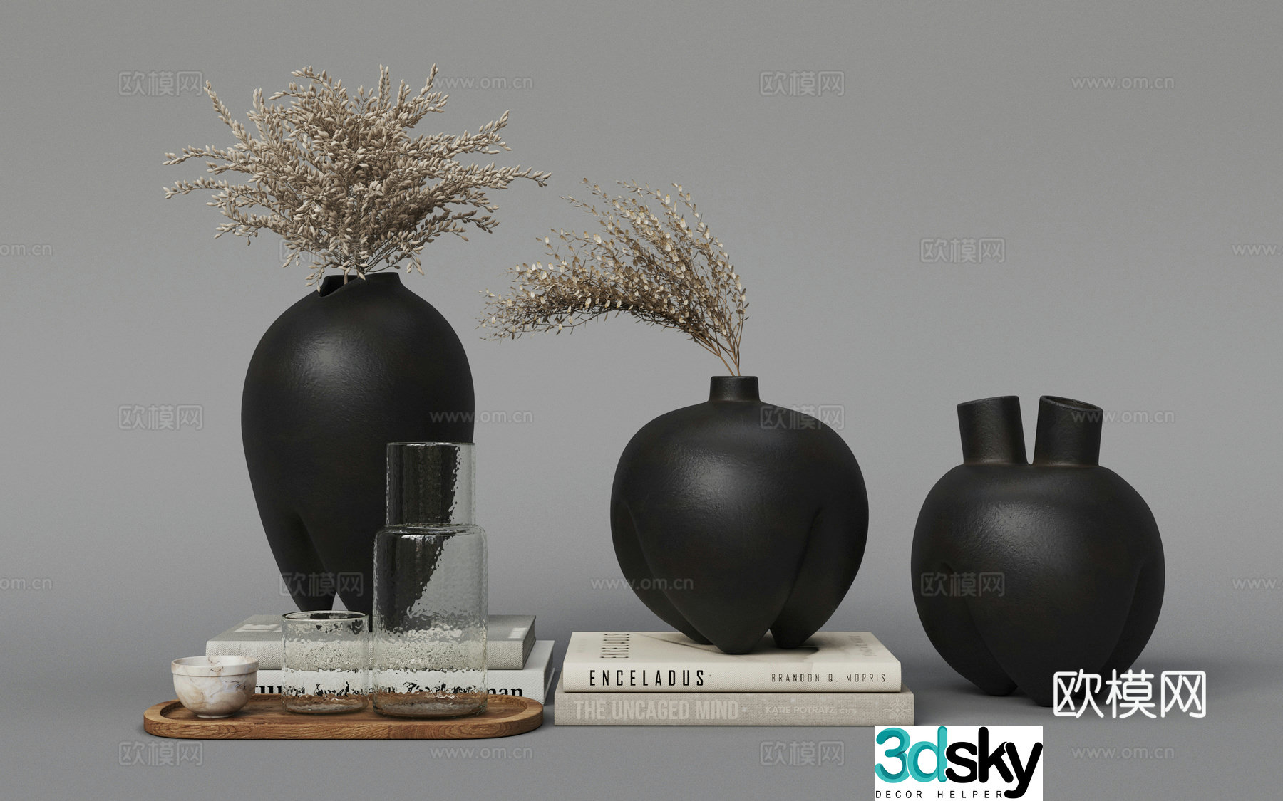 Modern decorations pottery pots books 3d model