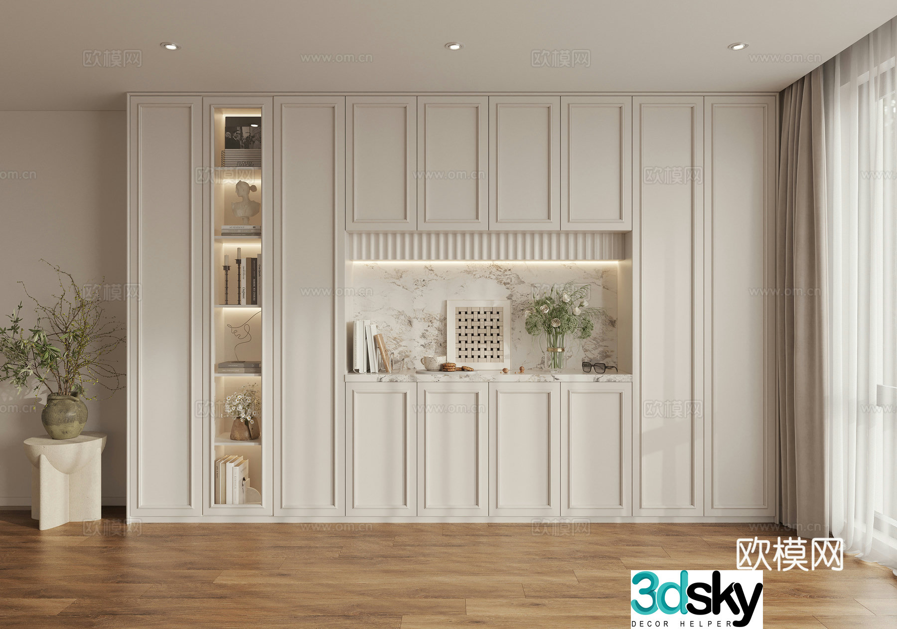 Creamy Wind Wine Cabinet Bookcase 3D Model