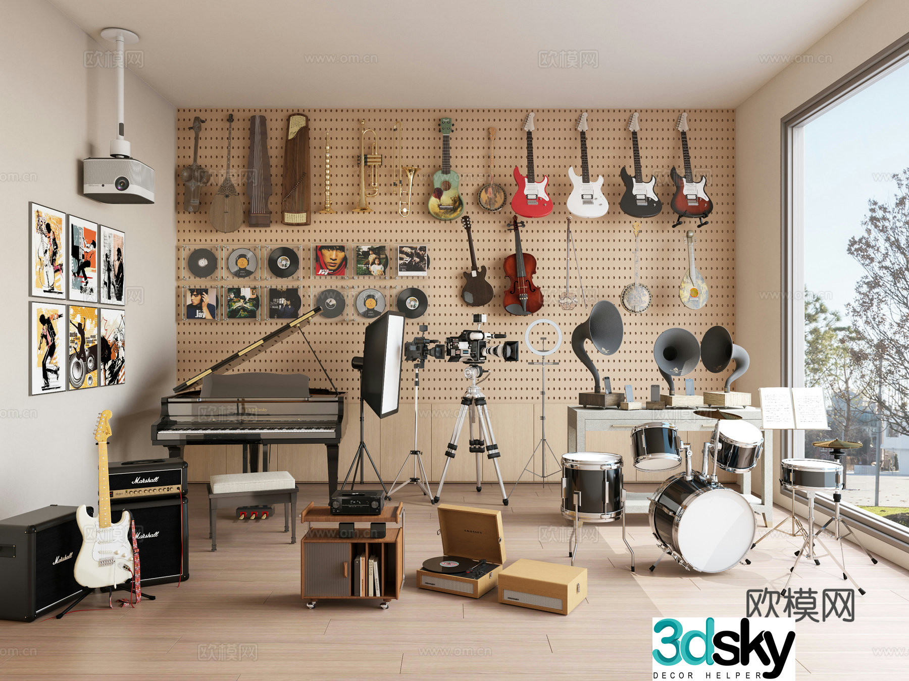 Modern drum set musical instrument piano guitar guzheng record 3d model