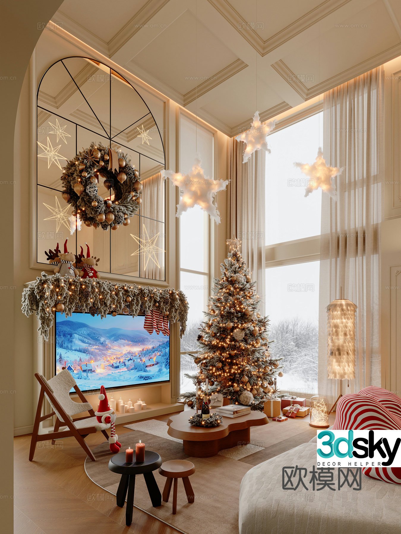 European Christmas Villa Living Room 3D Model