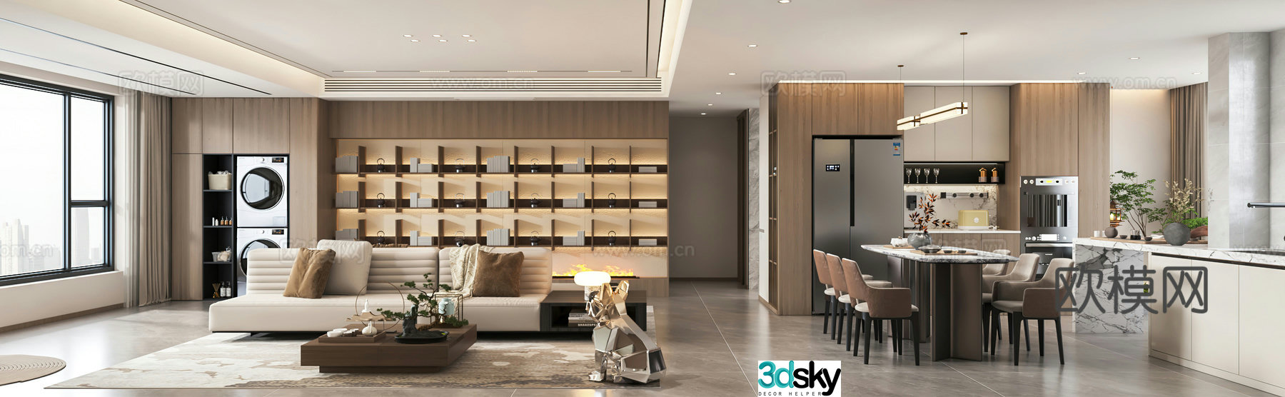 Modern living and dining room 3d model