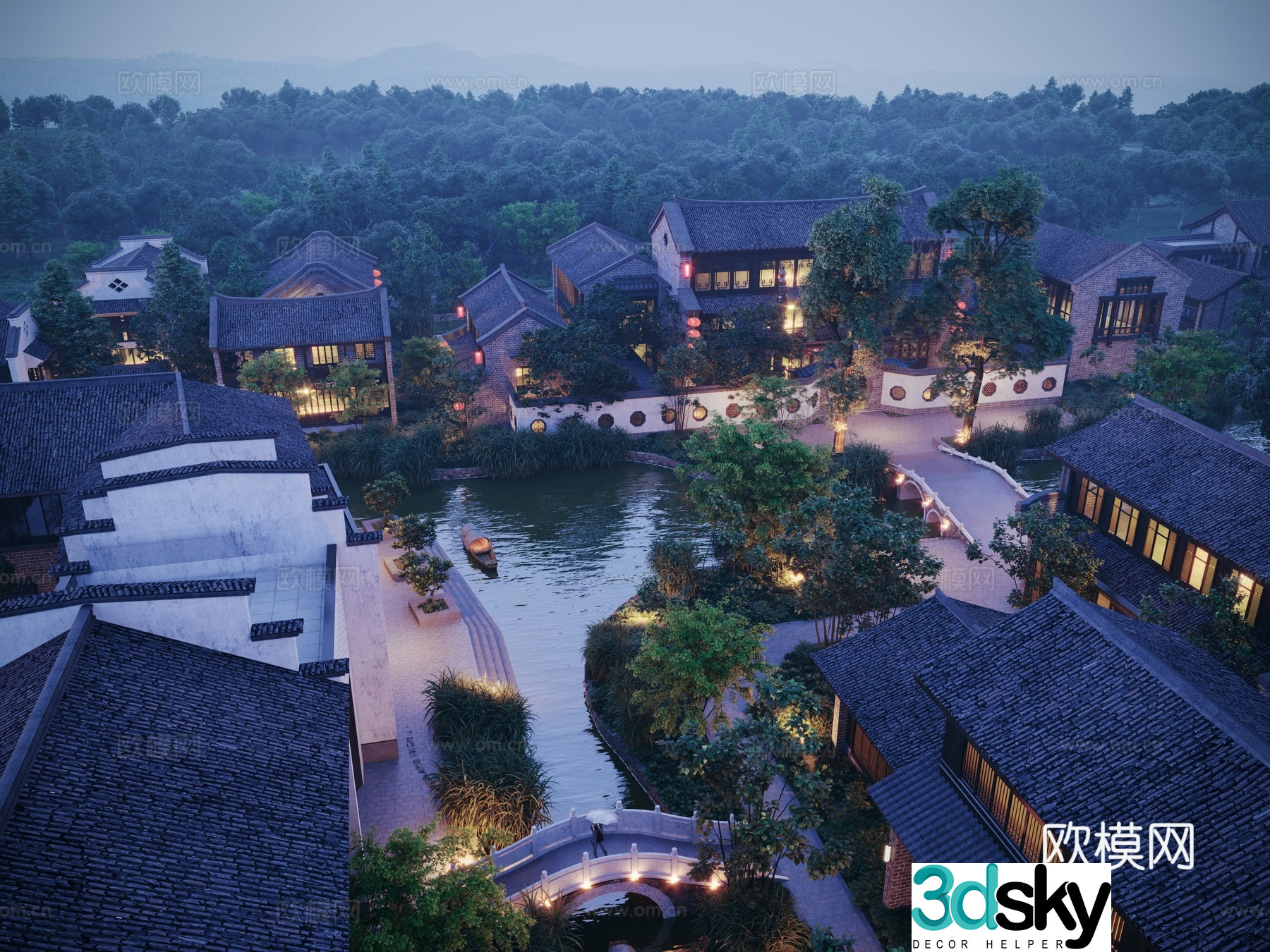 Aerial view 3D model of new Chinese style resort