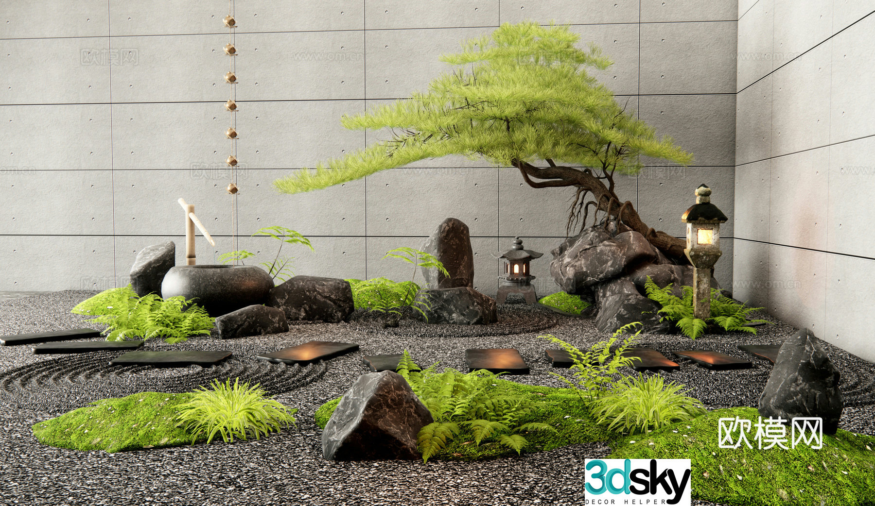 New Chinese style courtyard landscape sketch dry landscape moss plant 3D model