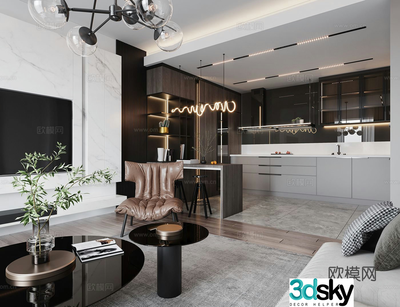 Modern living and dining room 3d model