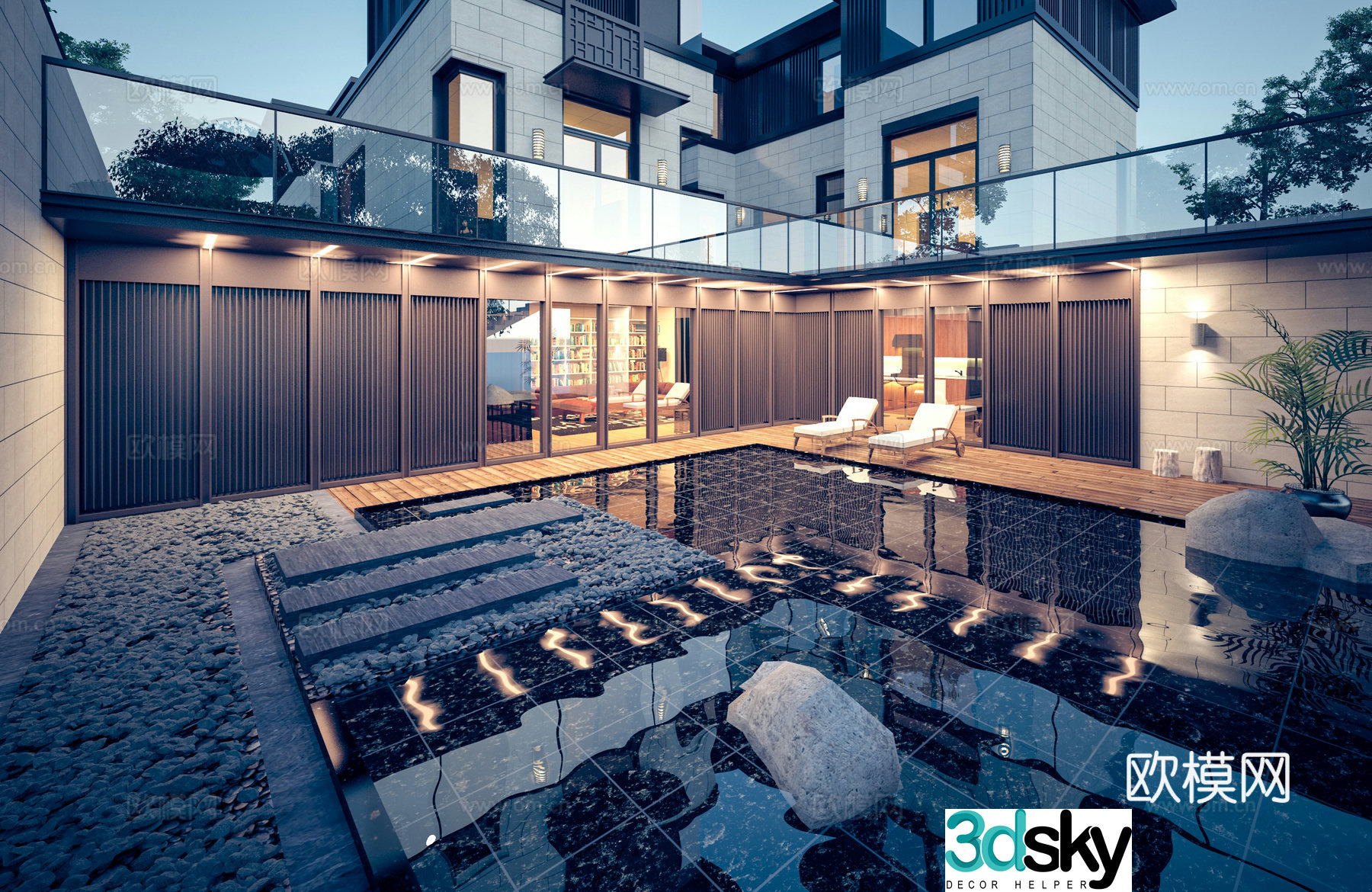 Modern villa night view villa courtyard villa swimming pool 3d model