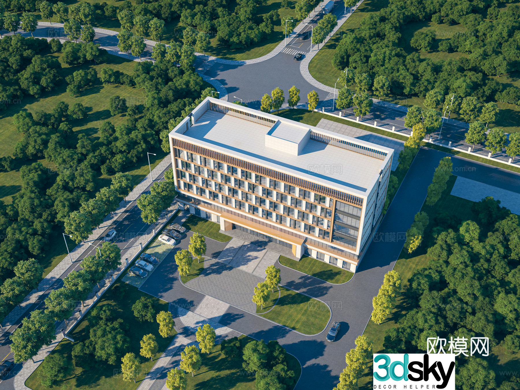 Aerial view 3d model of modern office building