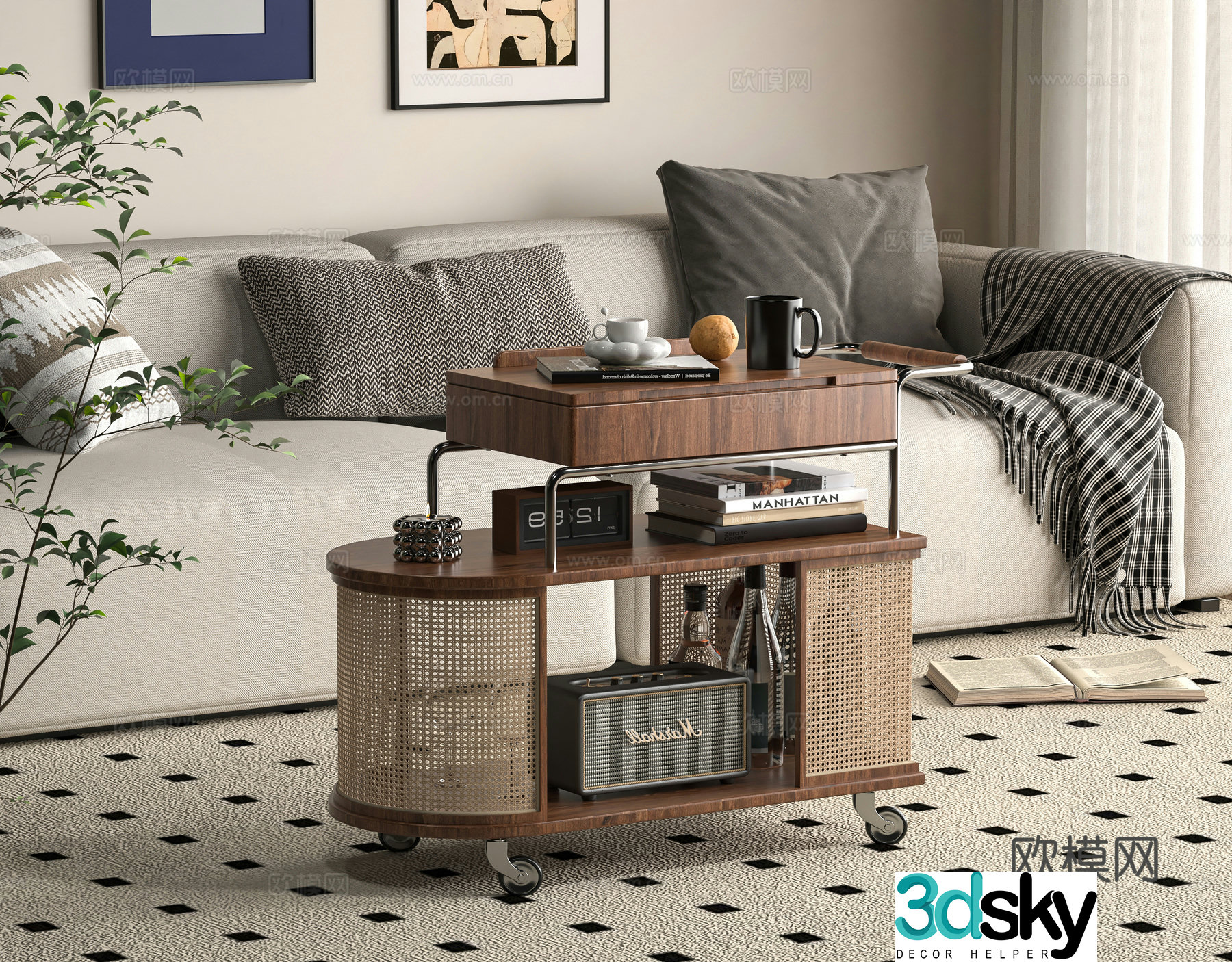 Medieval style movable side table movable corner table movable trolley 3D model