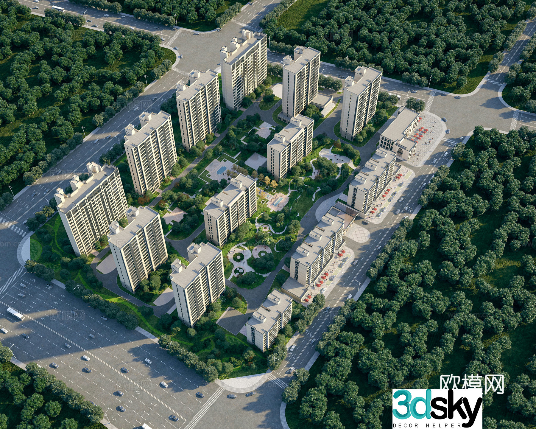 A bird’s eye view of modern residential community 3D model
