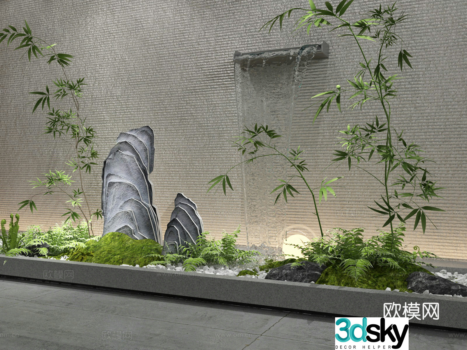 Courtyard water feature bamboo rockery stone indoor landscaping 3d model