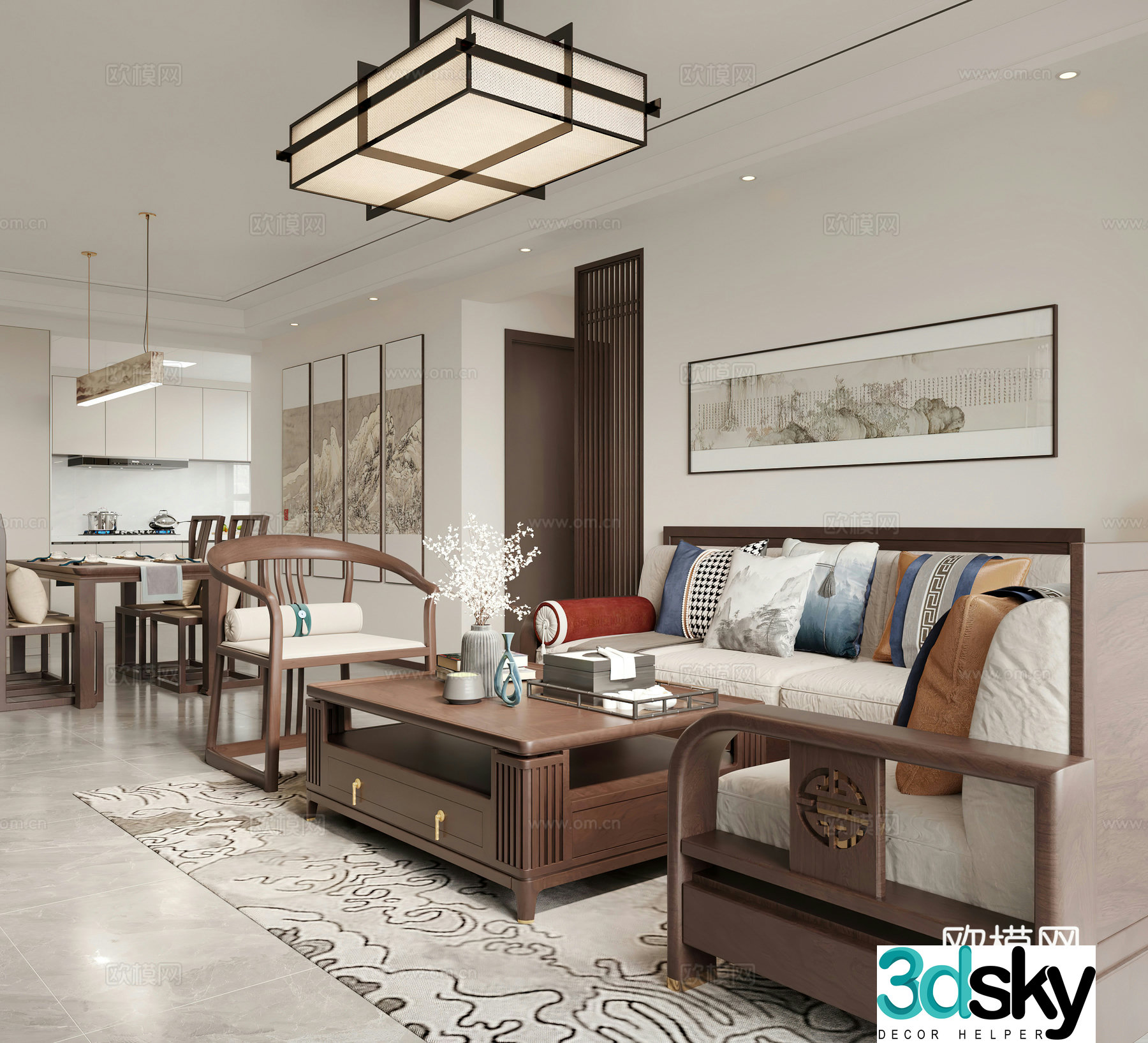 Chinese living and dining room 3D model