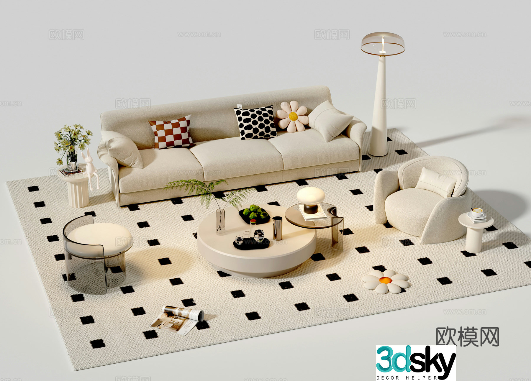 Creamy wind combination sofa 3d model
