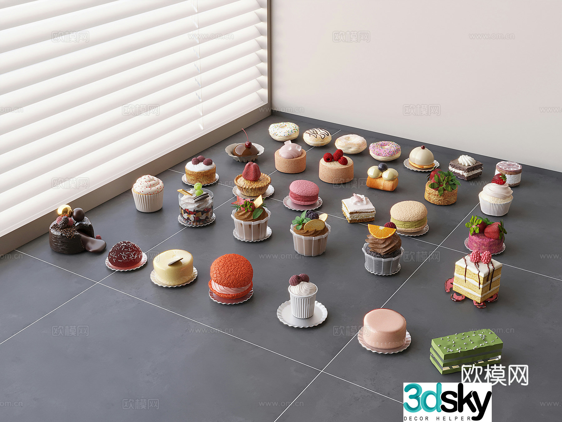 Sweet Cake Glose Strawberry Matcha Chocolate Cream Bread Cake Food 3D Model