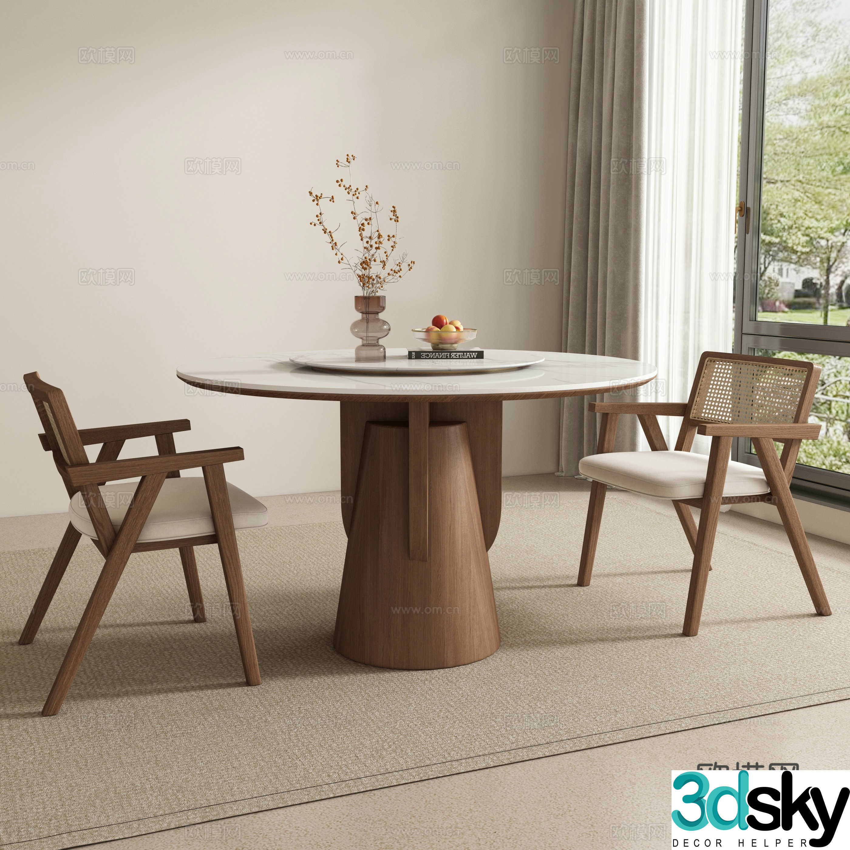 Middle -aged wind round dining table and chair 3D model