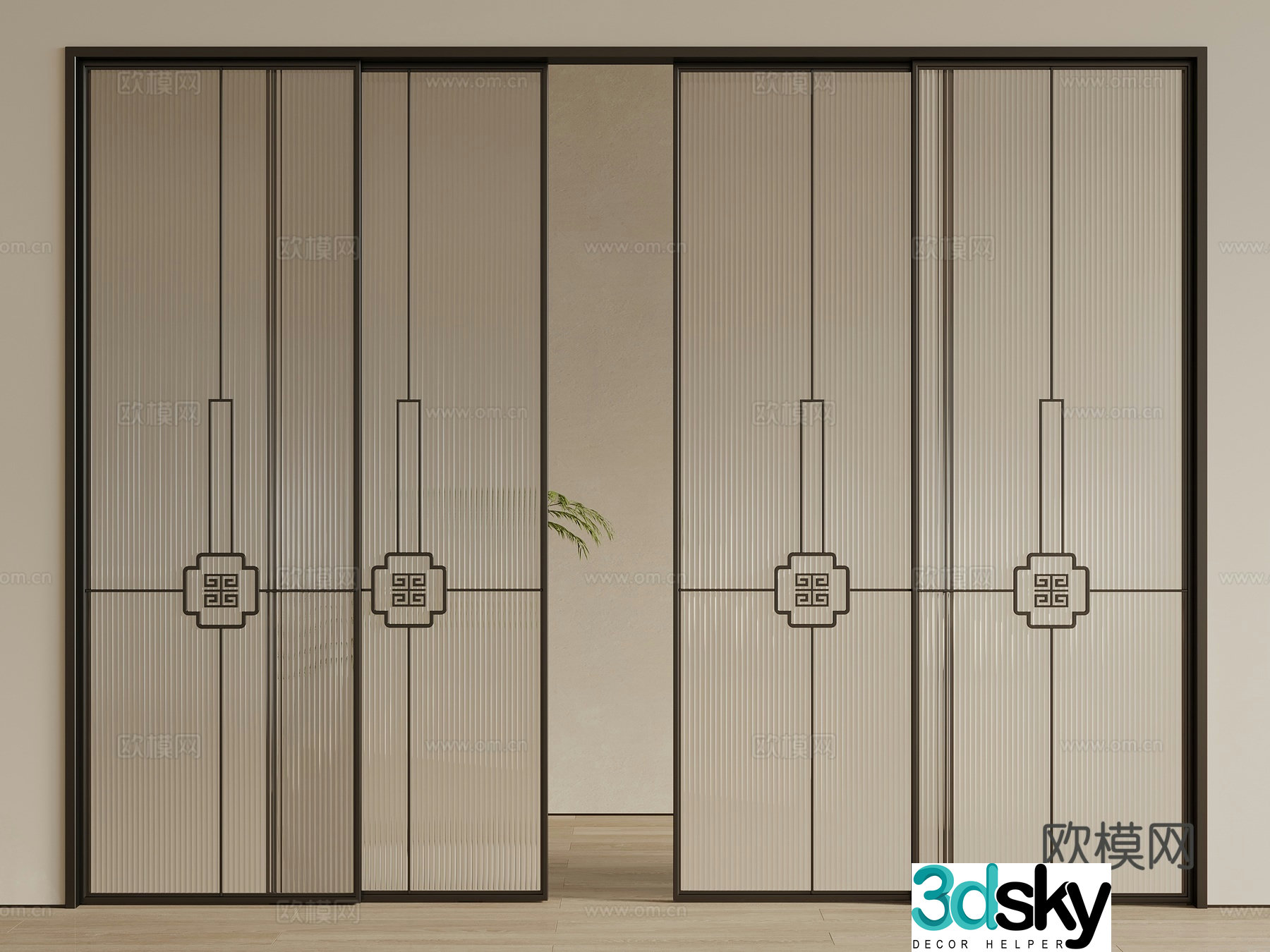 New Chinese style glass door sliding door 3d model
