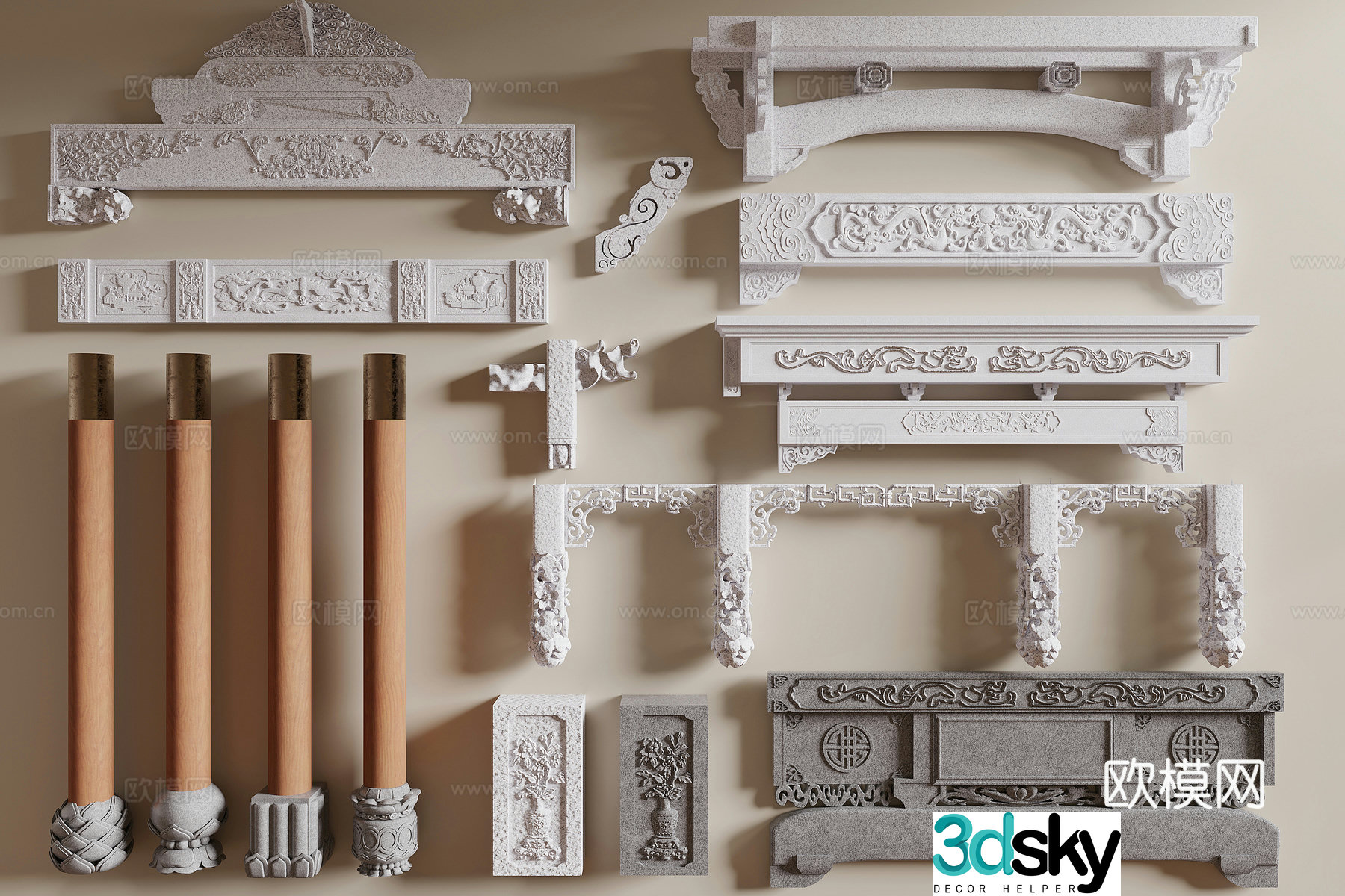 Chinese carved cross beam wooden beam bracket 3d model