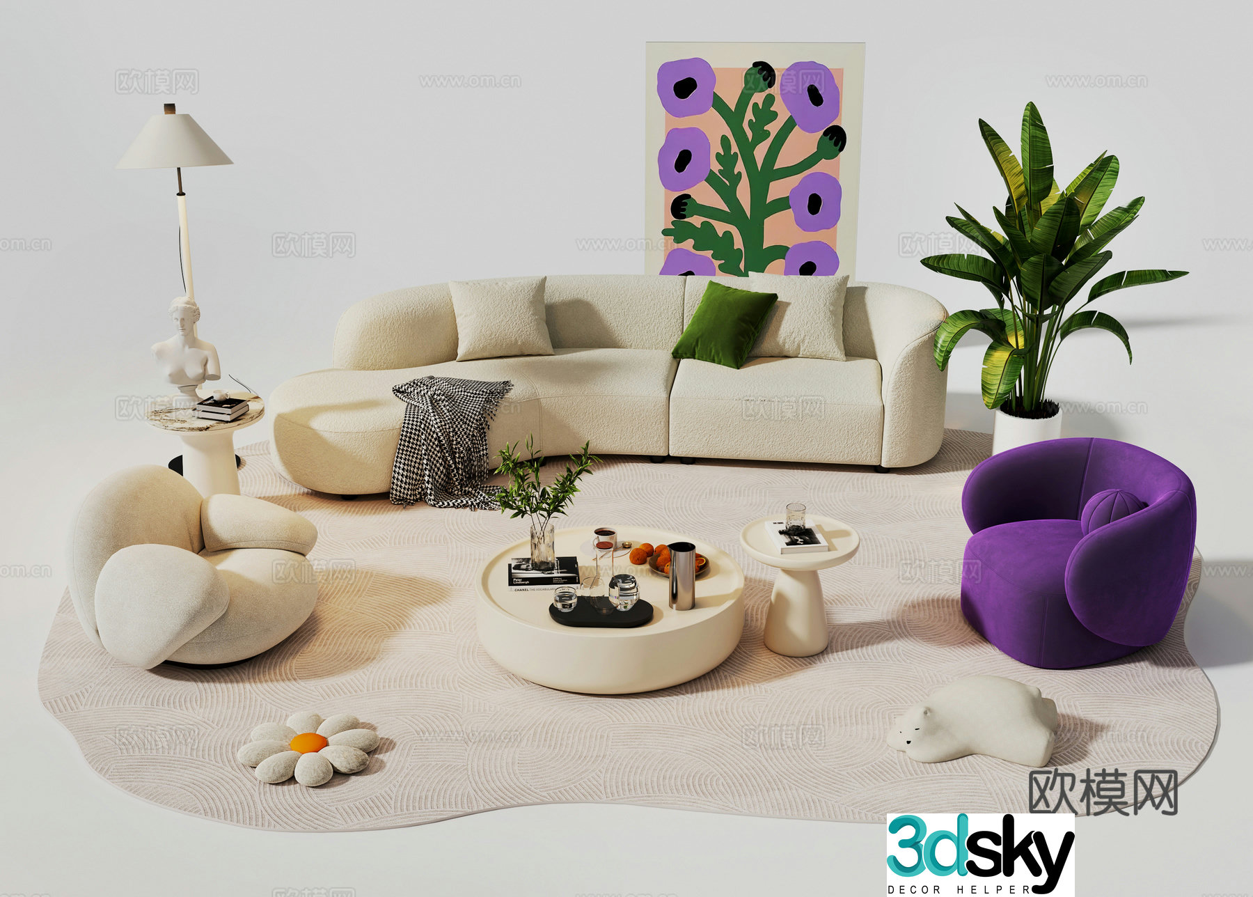 Creamy wind combination sofa 3d model