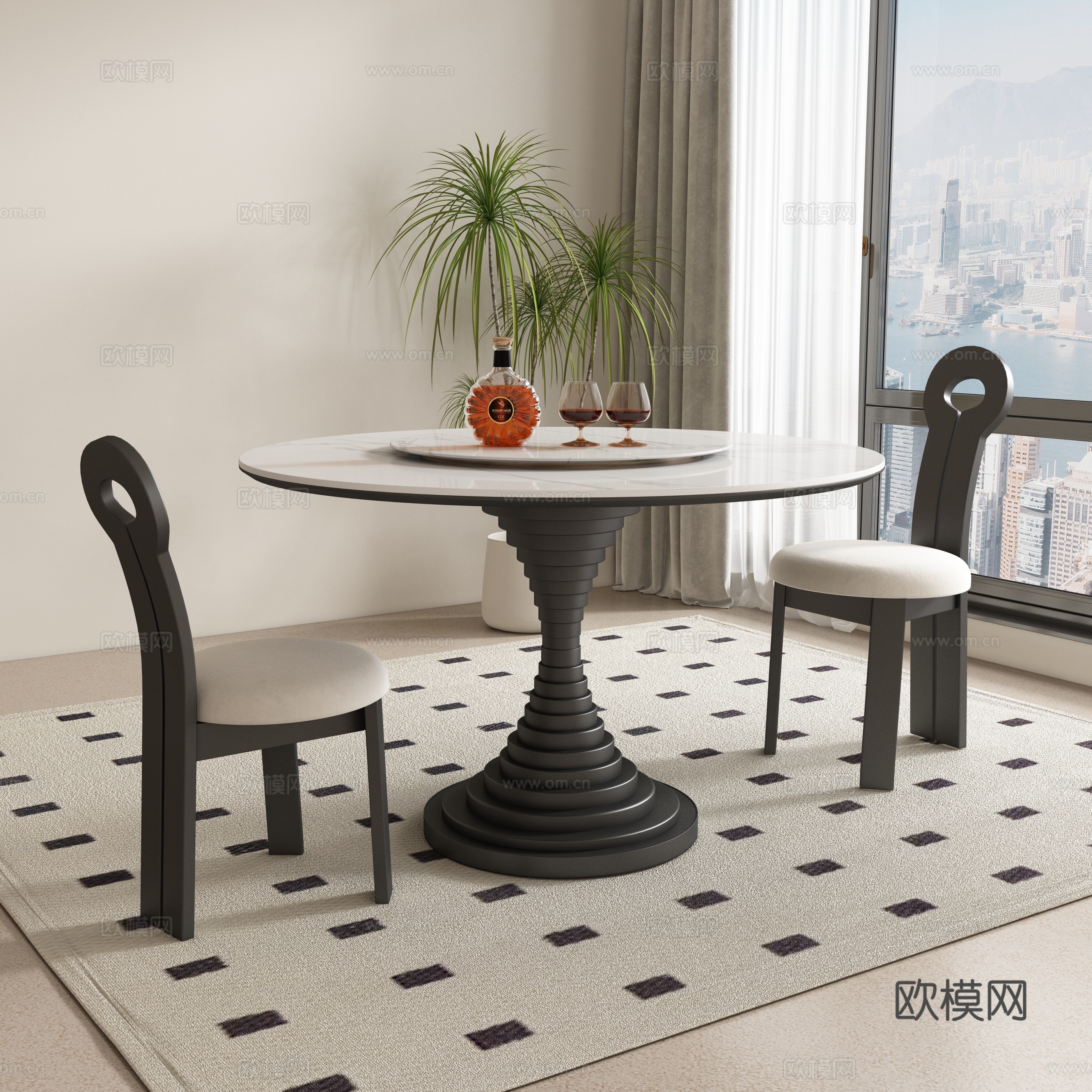 French round dining table and chair 3d model