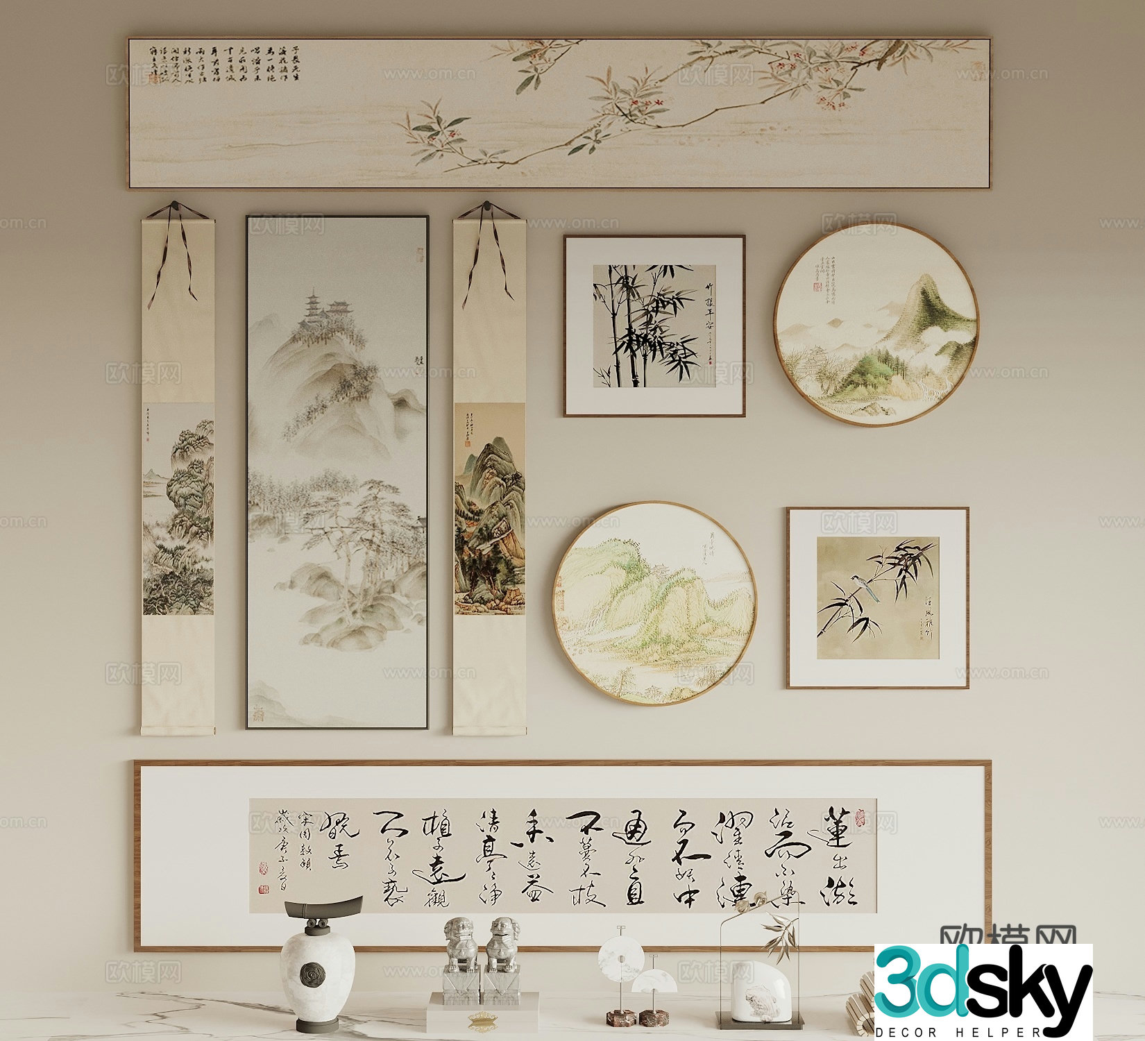 New Chinese style hanging paintings calligraphy and painting round hanging paintings study hanging paintings tea room hanging paintings 3D model