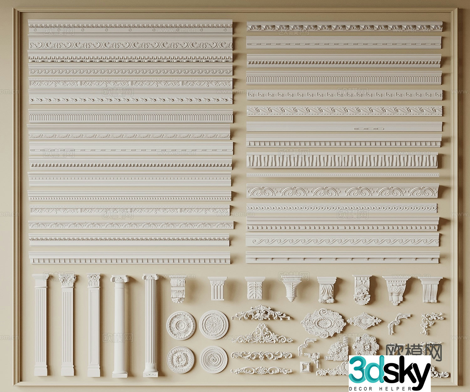 French gypsum line corner line carved lamp plate Roman column decorative lines top corner line 3d model