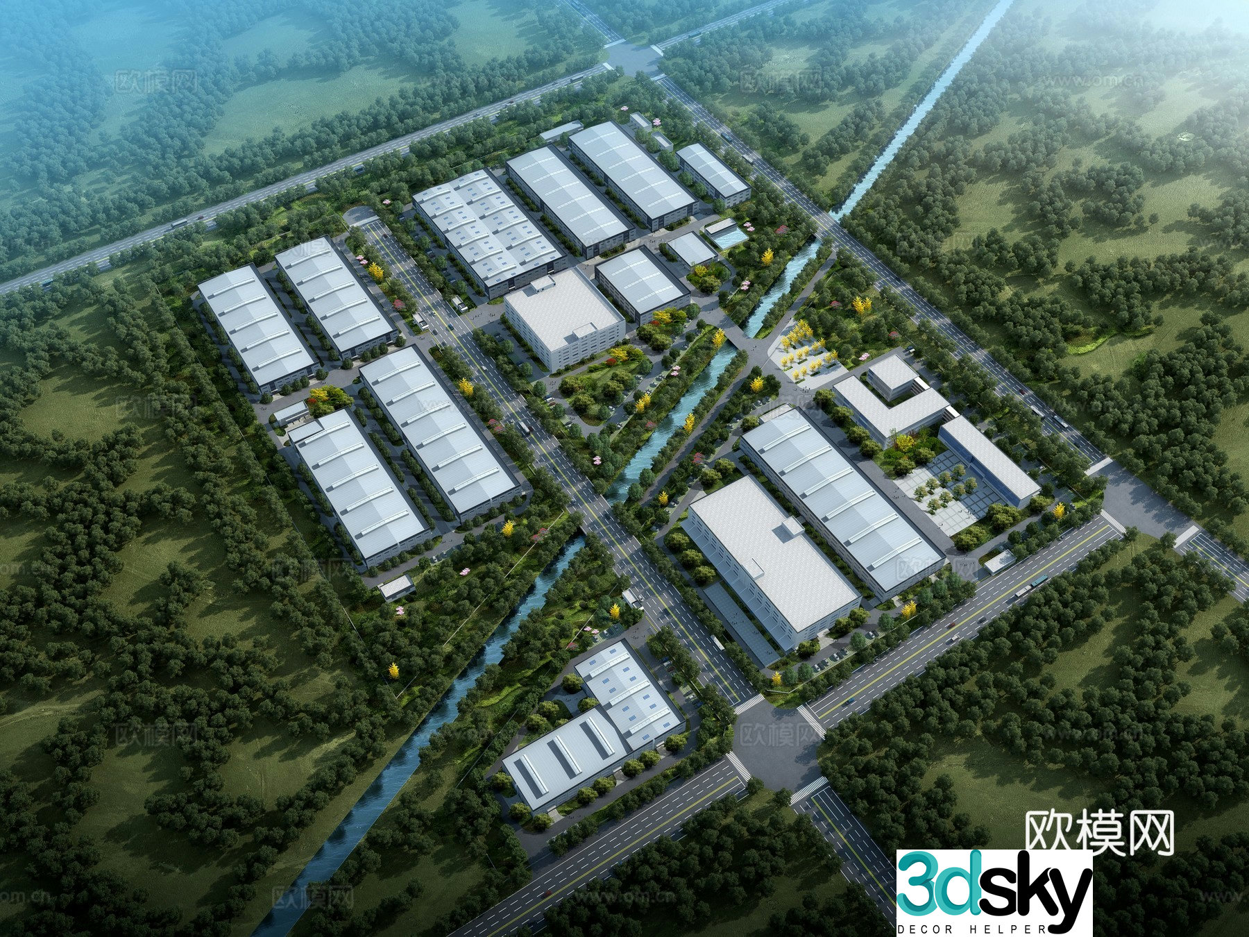 A bird’s eye view of the factory building 3D model