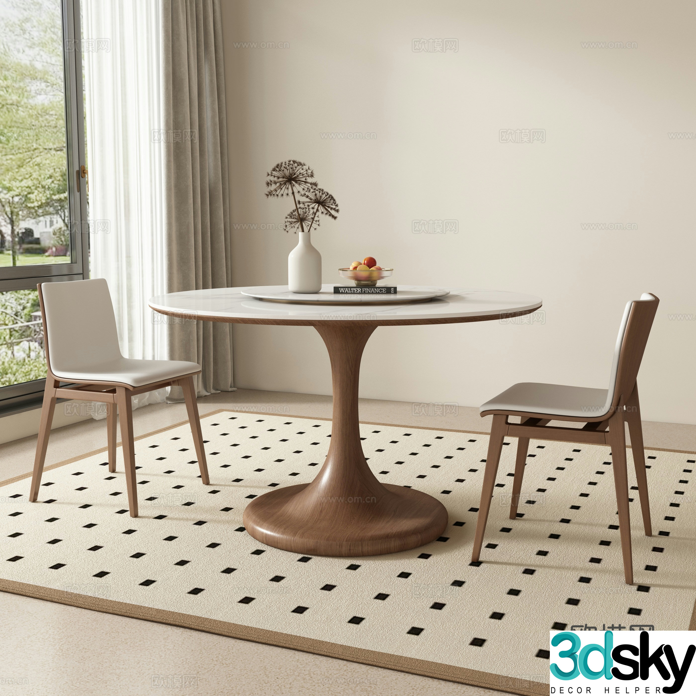 Medium style round dining table and chair 3D model