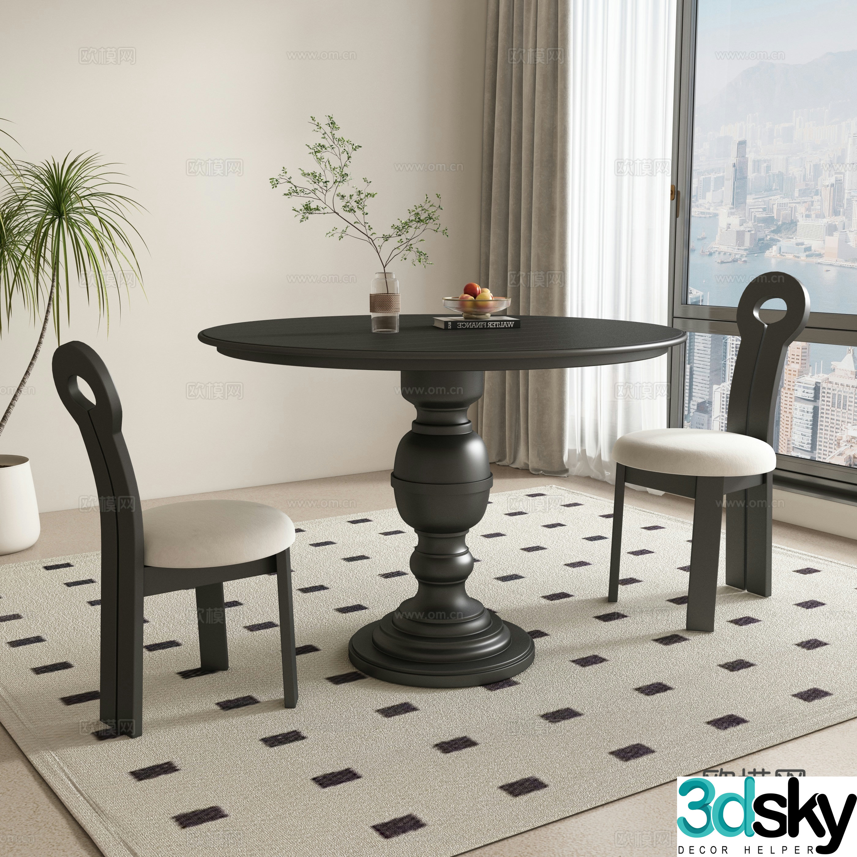 French round dining table and chair 3d model