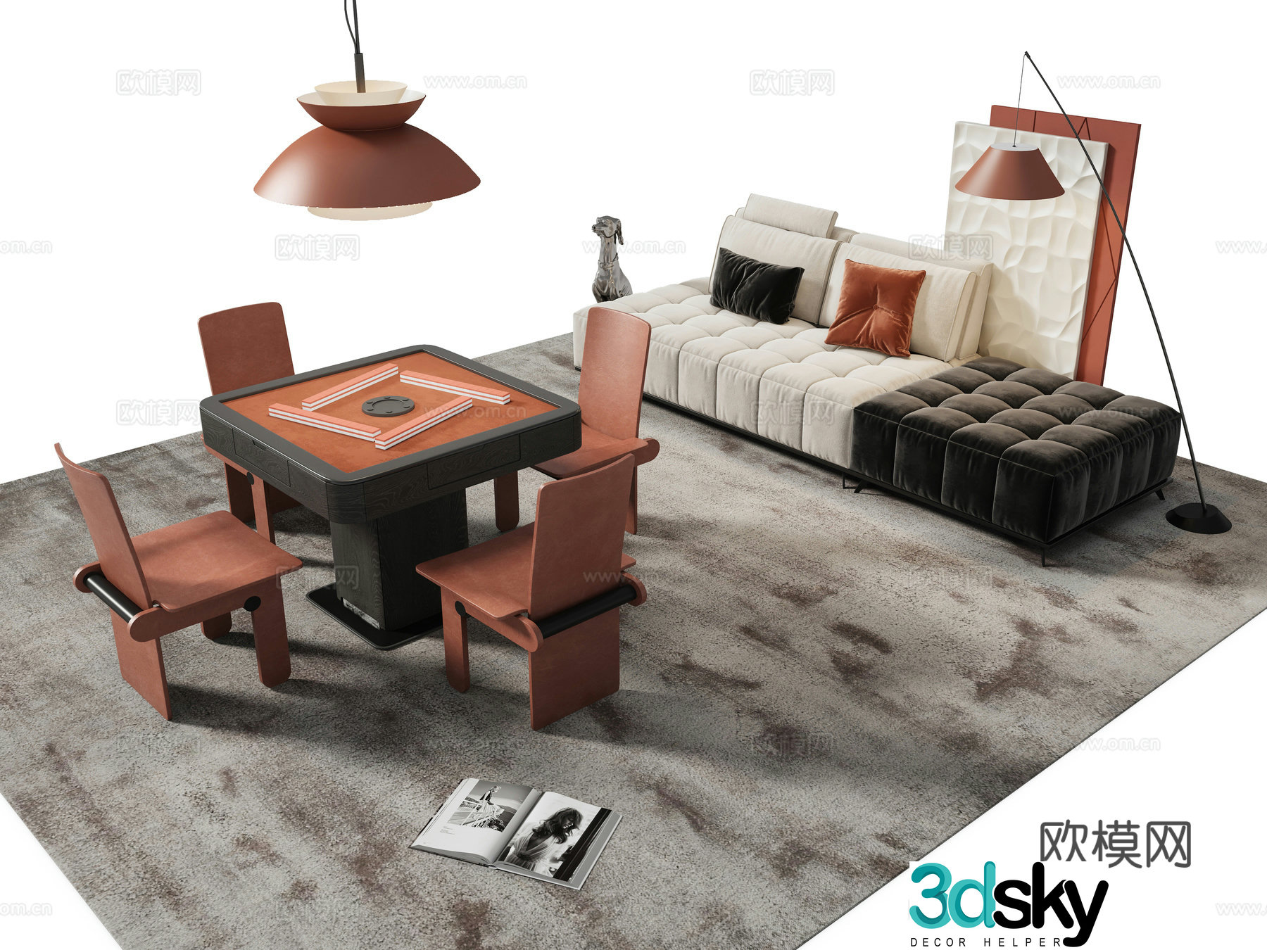 Modern mahjong table and chairs 3d model
