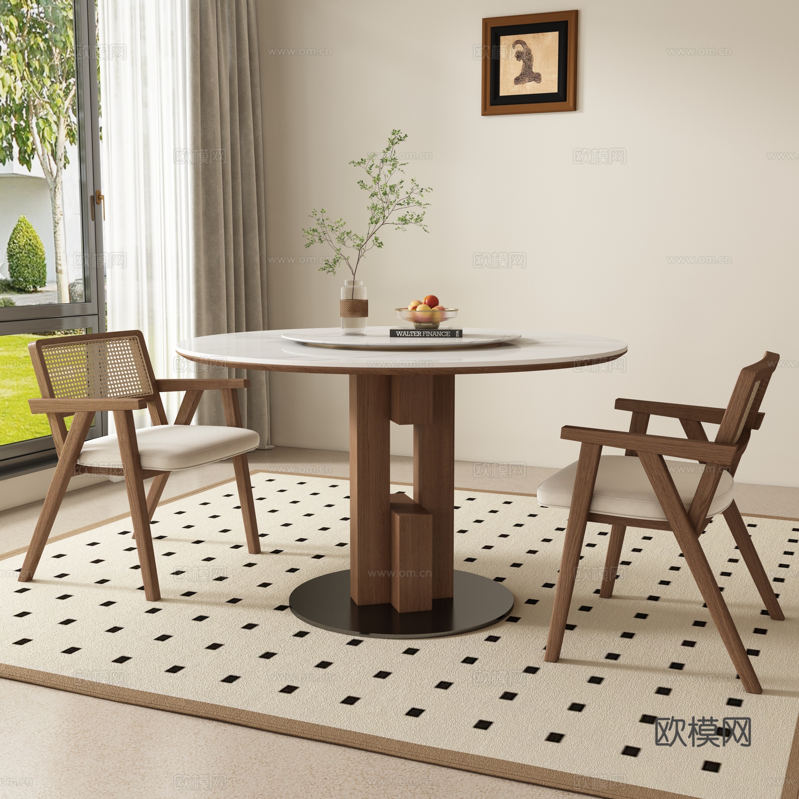 Medium style round dining table and chair 3D model