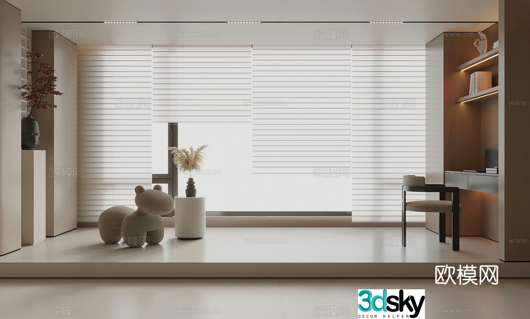 Modern Shangri-La Curtain Venetian Curtain Recessed Desk and Chair 3D Model