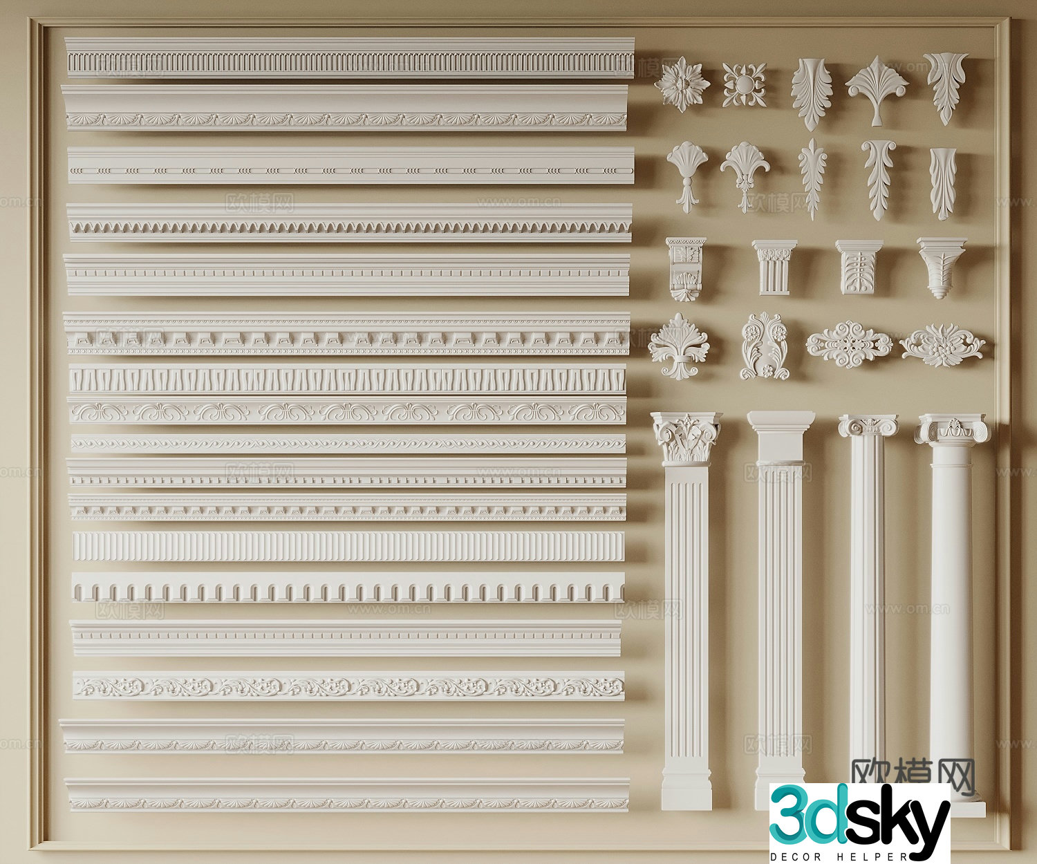 French gypsum line corner line carved lamp plate Roman column decorative lines top corner line 3d model