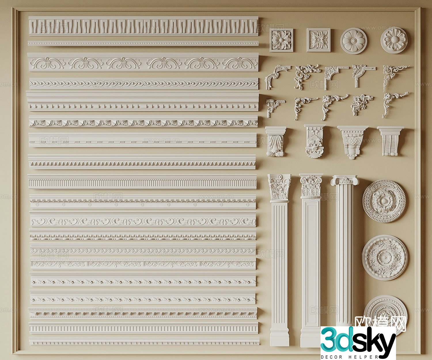 French gypsum line corner line carved lamp plate Roman column decorative lines top corner line 3d model