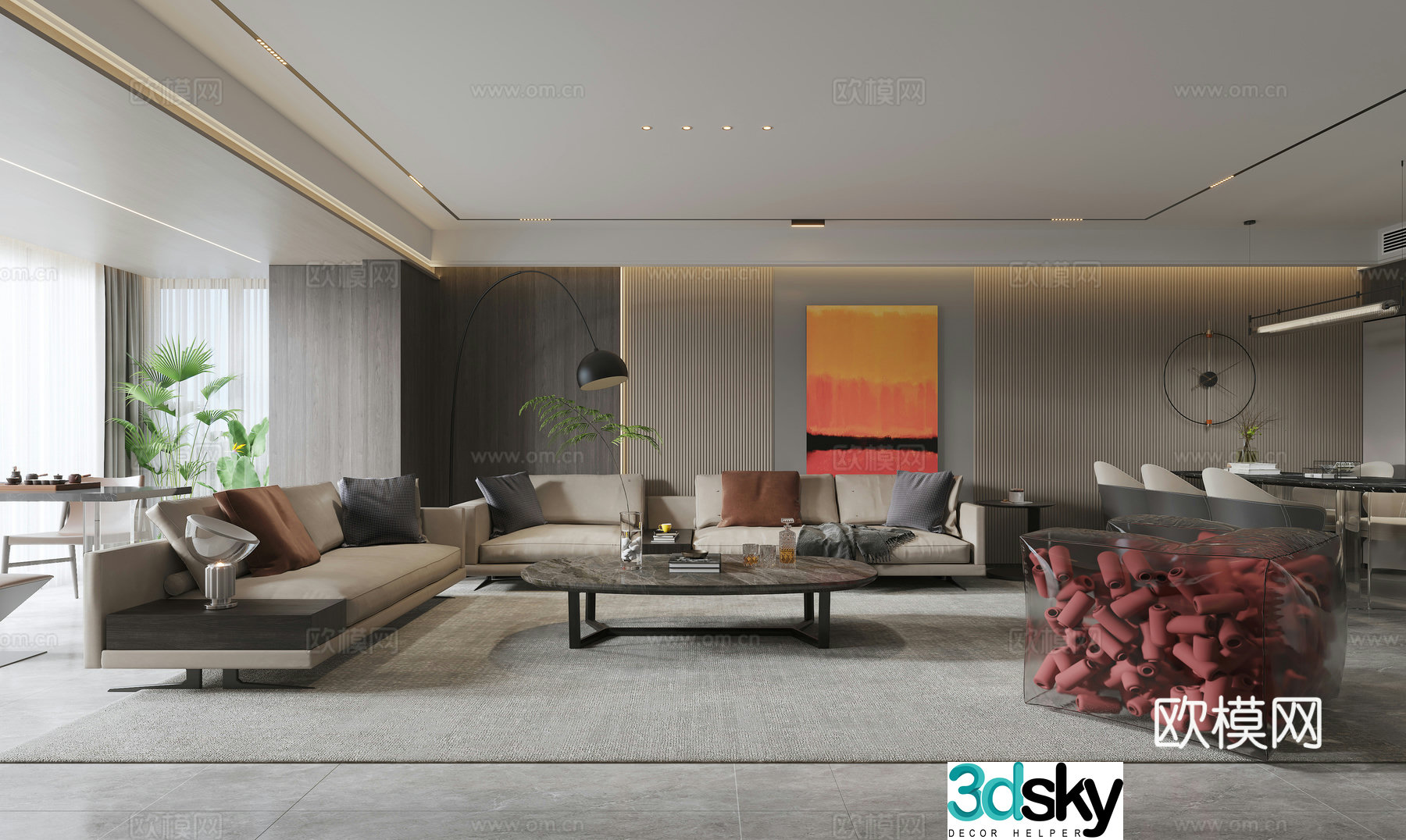 Modern living and dining room 3d model