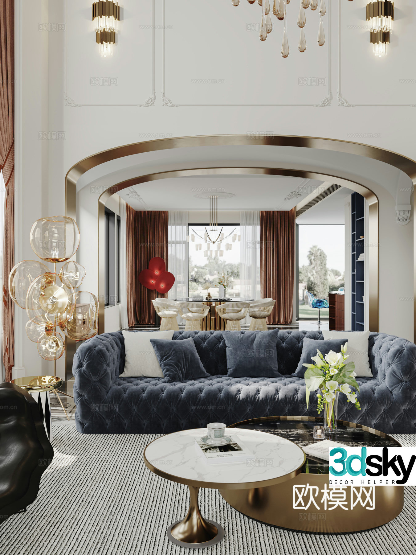 Light luxury living and restaurant 3D model