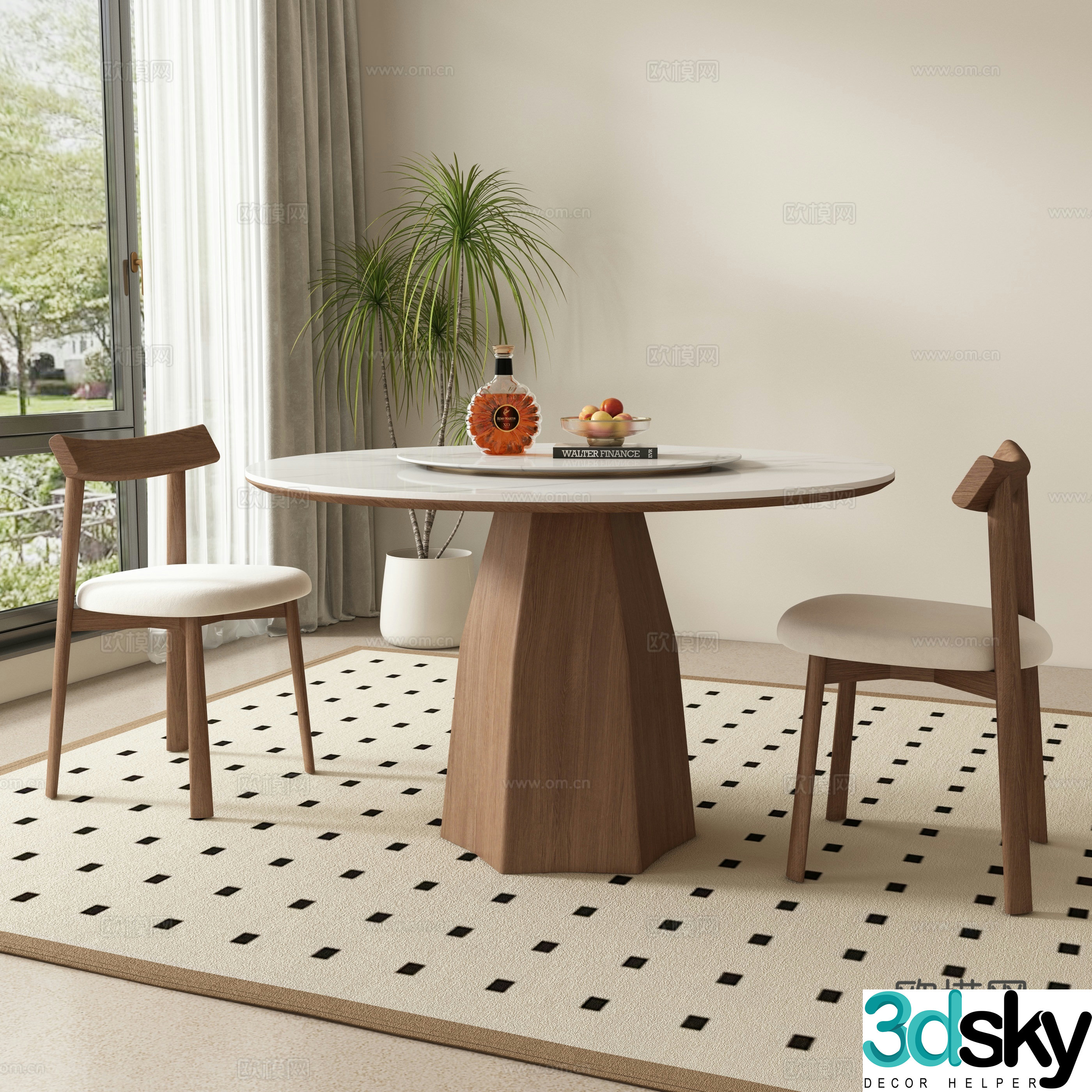 Medium style round dining table and chair 3D model