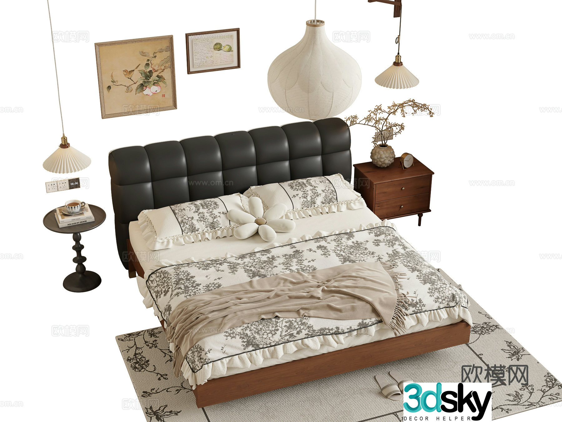 Middle -aged wind double bed 3D model