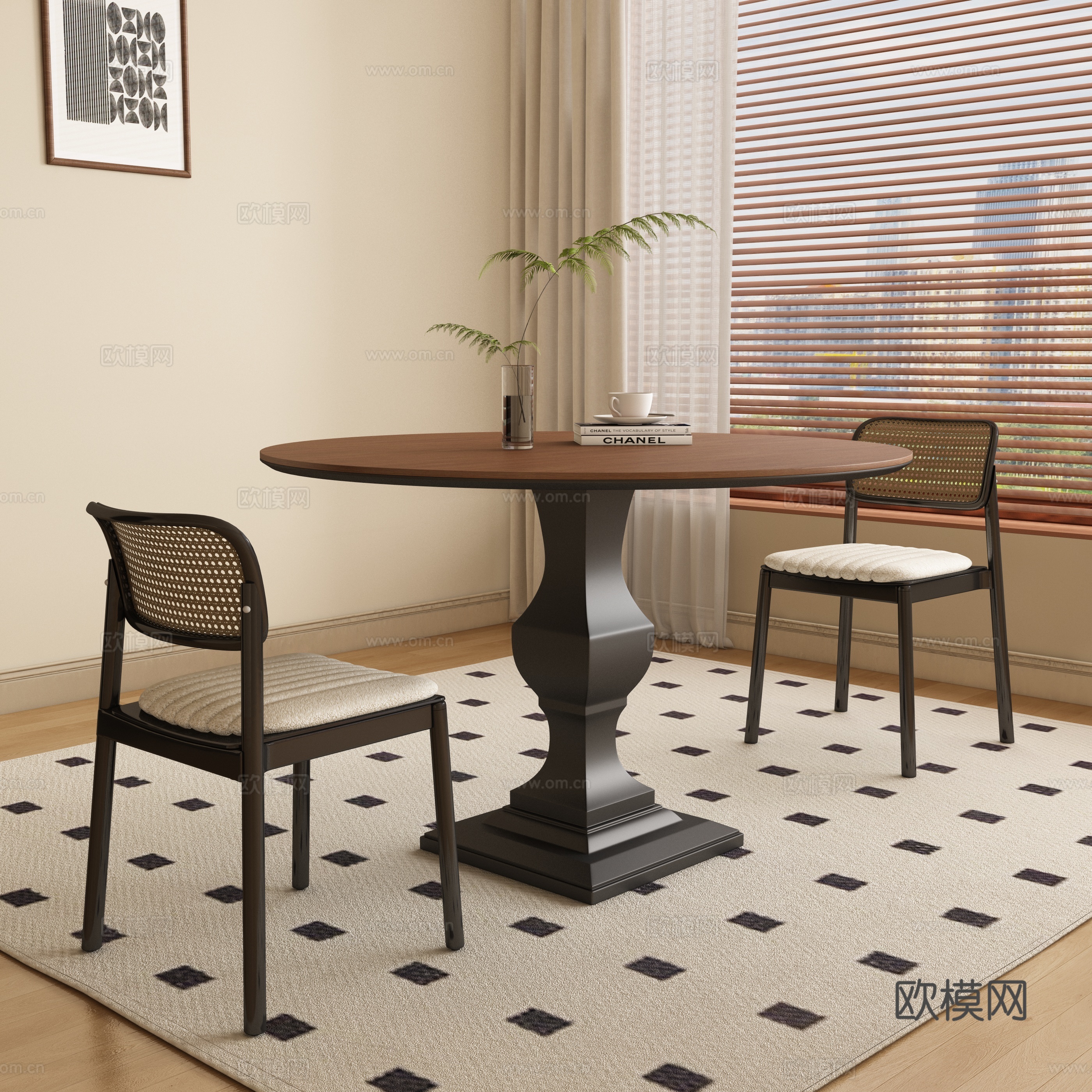 Middle -aged wind round dining table and chair 3D model