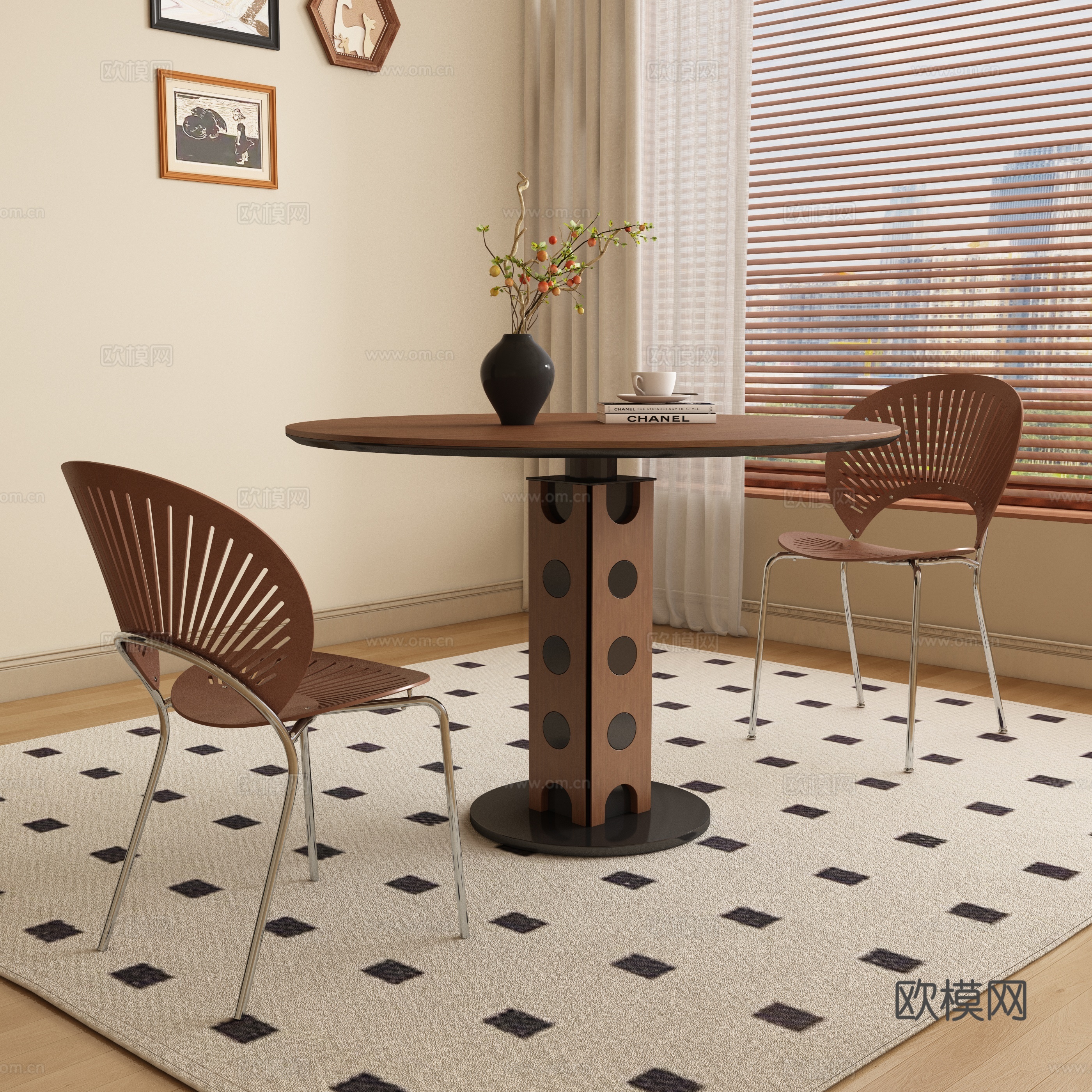 Medium style round dining table and chair 3D model