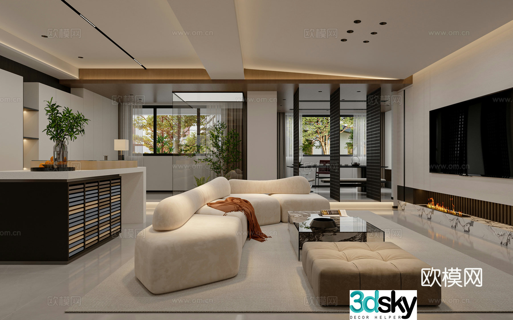 Modern living and dining room 3d model