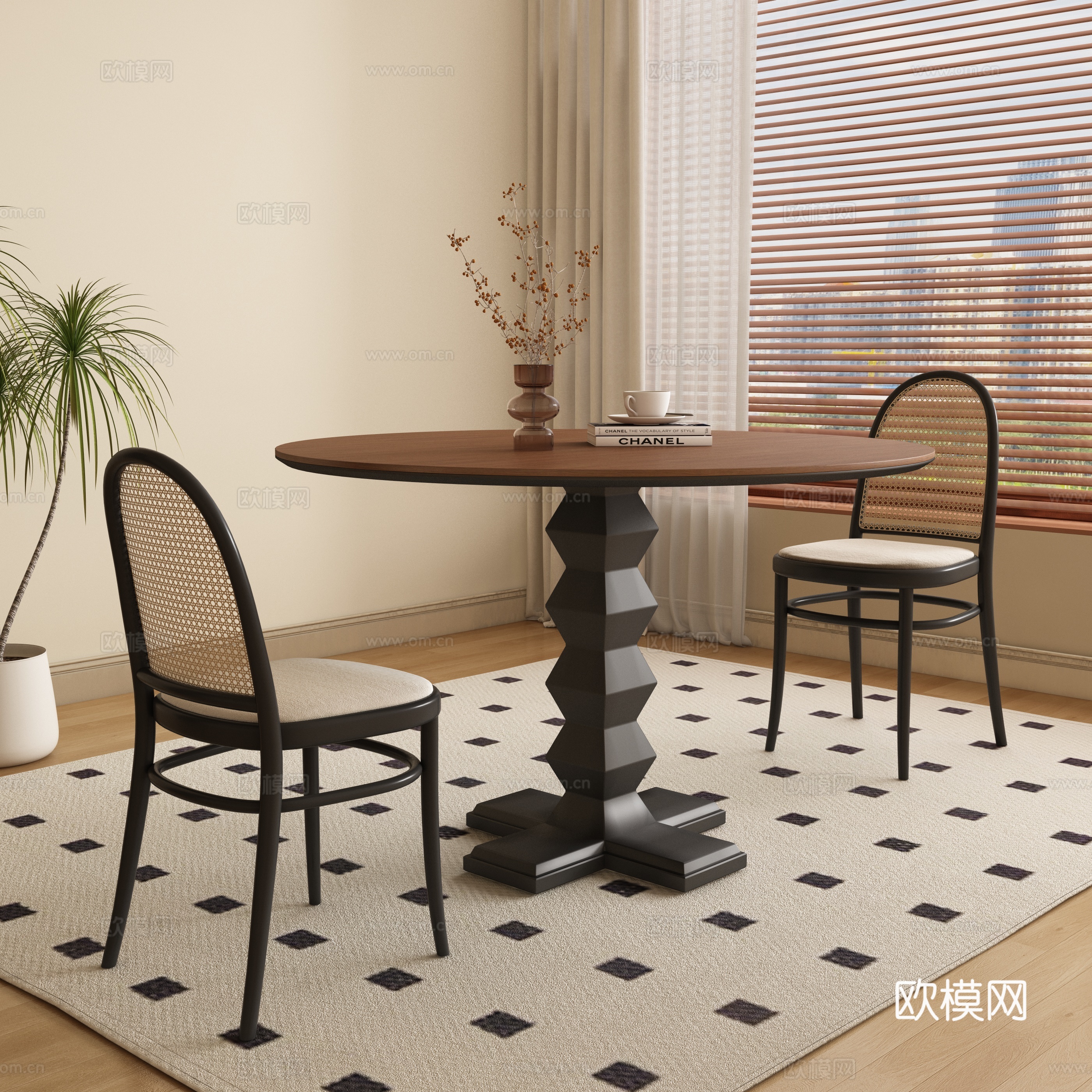 Medium style round dining table and chair 3D model
