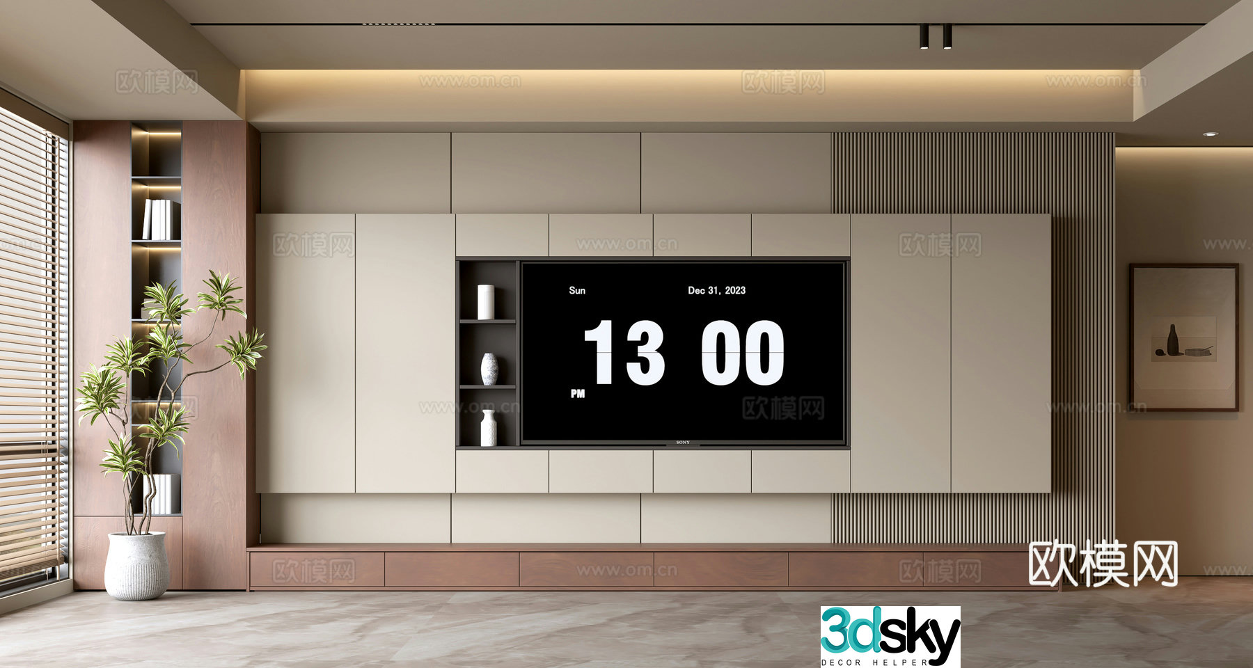 Middle-aged TV background wall 3d model