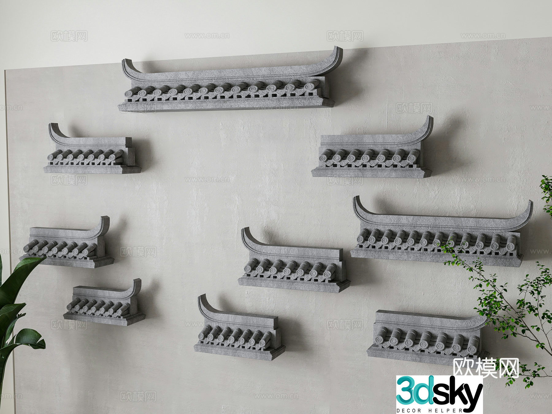 New Chinese style eaves wall decoration 3D model