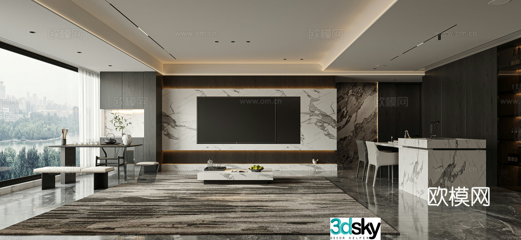 Modern living and dining room 3d model