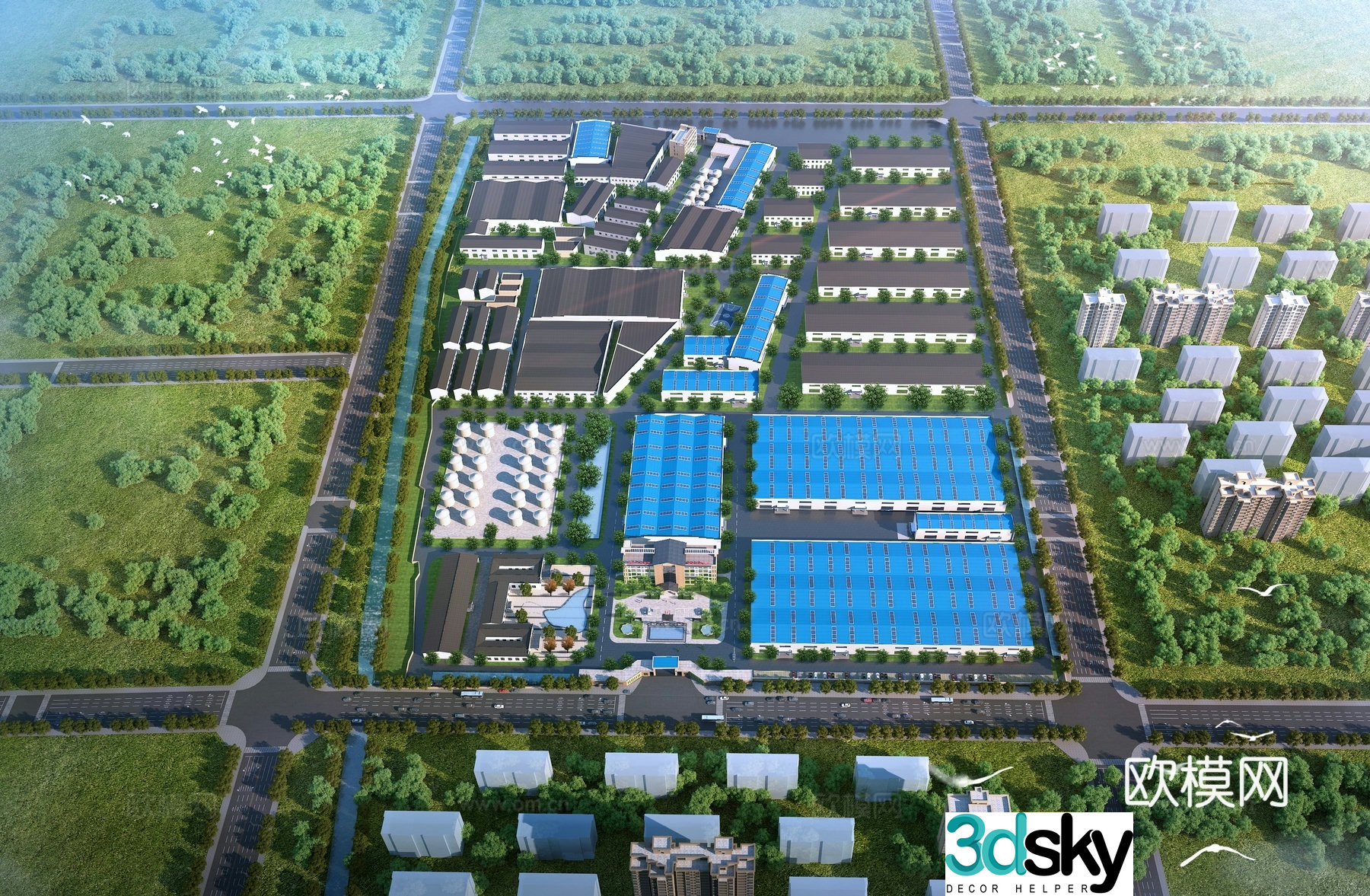 Modern factory bird’s eye view planning 3D model