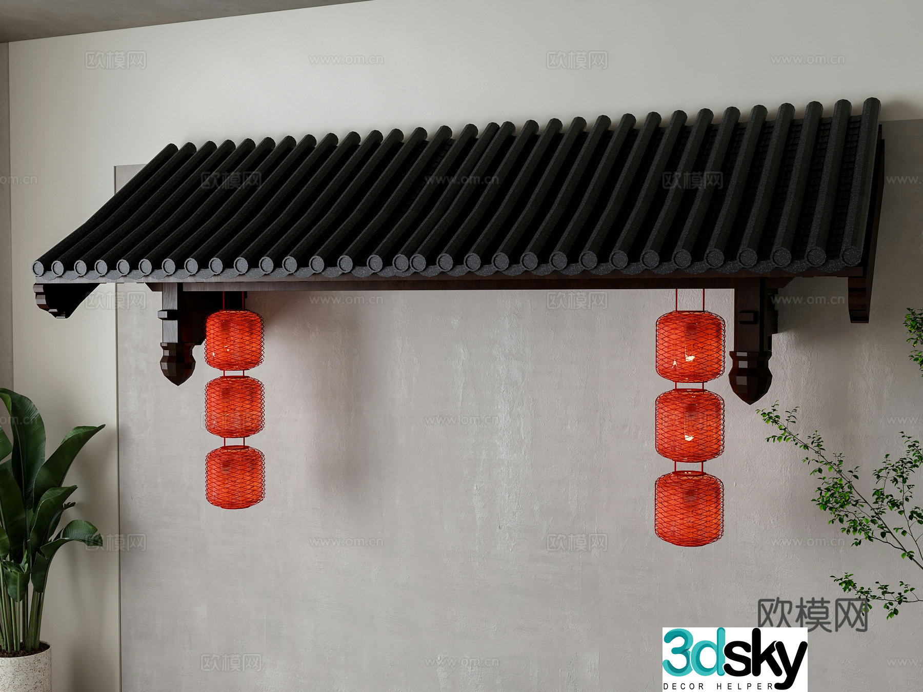 New Chinese style eaves wall decoration 3D model