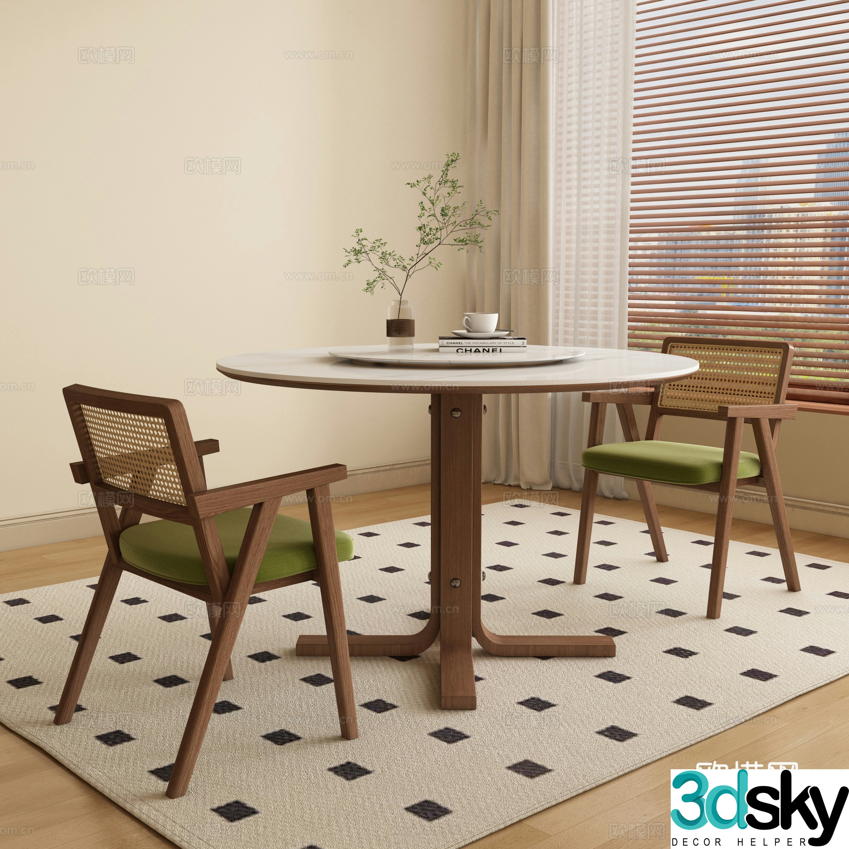 Medium style round dining table and chair 3D model