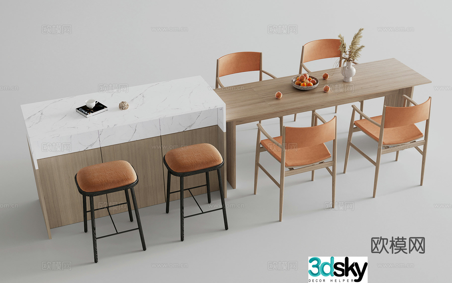 Modern island dining table and chair 3d model
