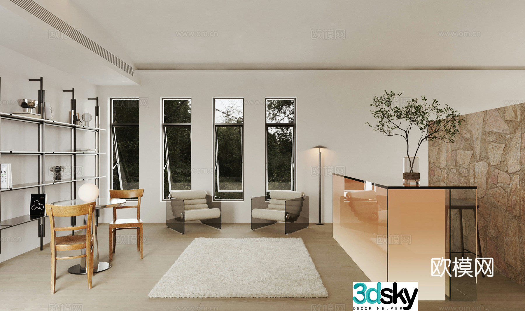 Modern living and dining room 3d model